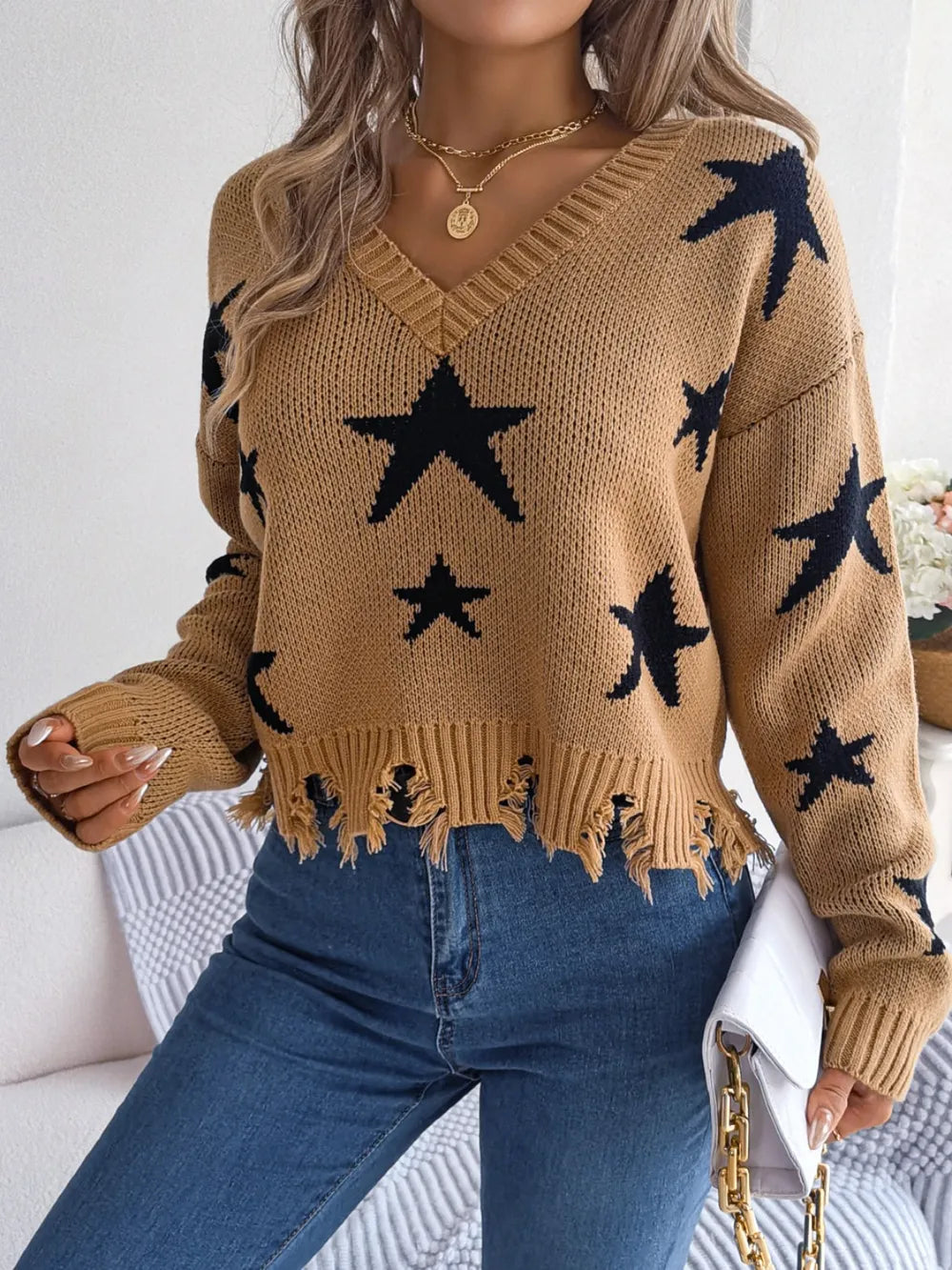 Star Pattern Distressed V-Neck Cropped Sweater - V.I.P Digital Presence