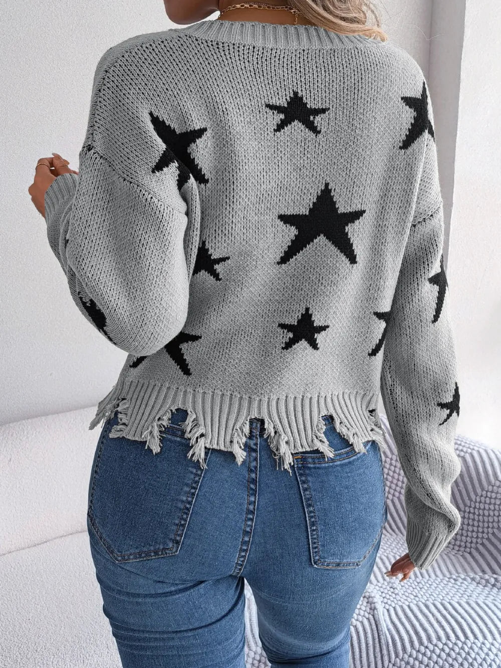 Star Pattern Distressed V-Neck Cropped Sweater - V.I.P Digital Presence