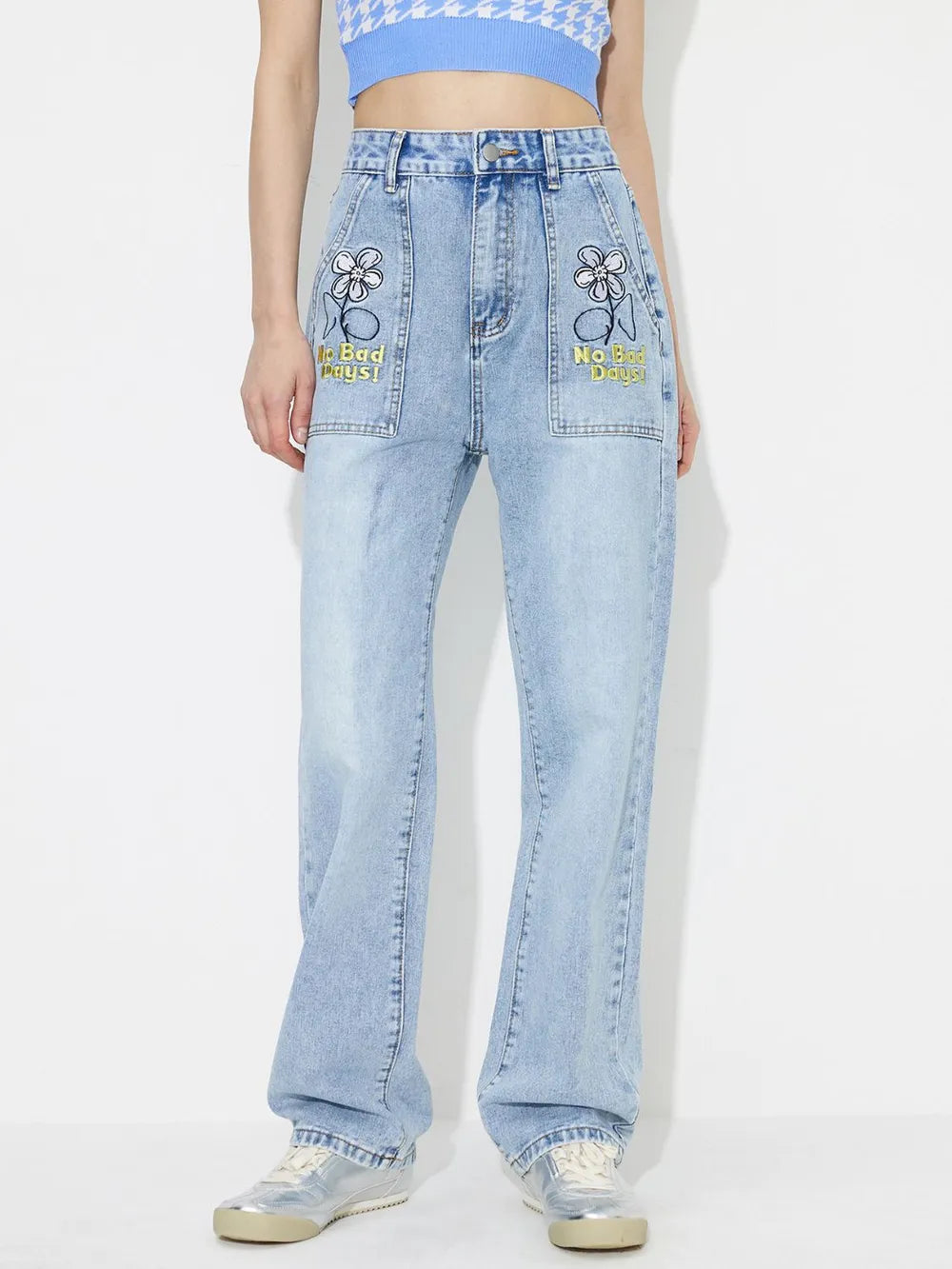 Straight embroidered loose high waisted denim pants - V.I.P Digital Presence