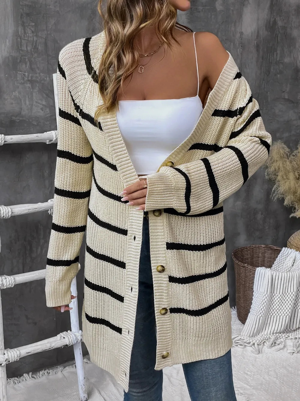 Striped Button Up Long Sleeve Cardigan - V.I.P Digital Presence