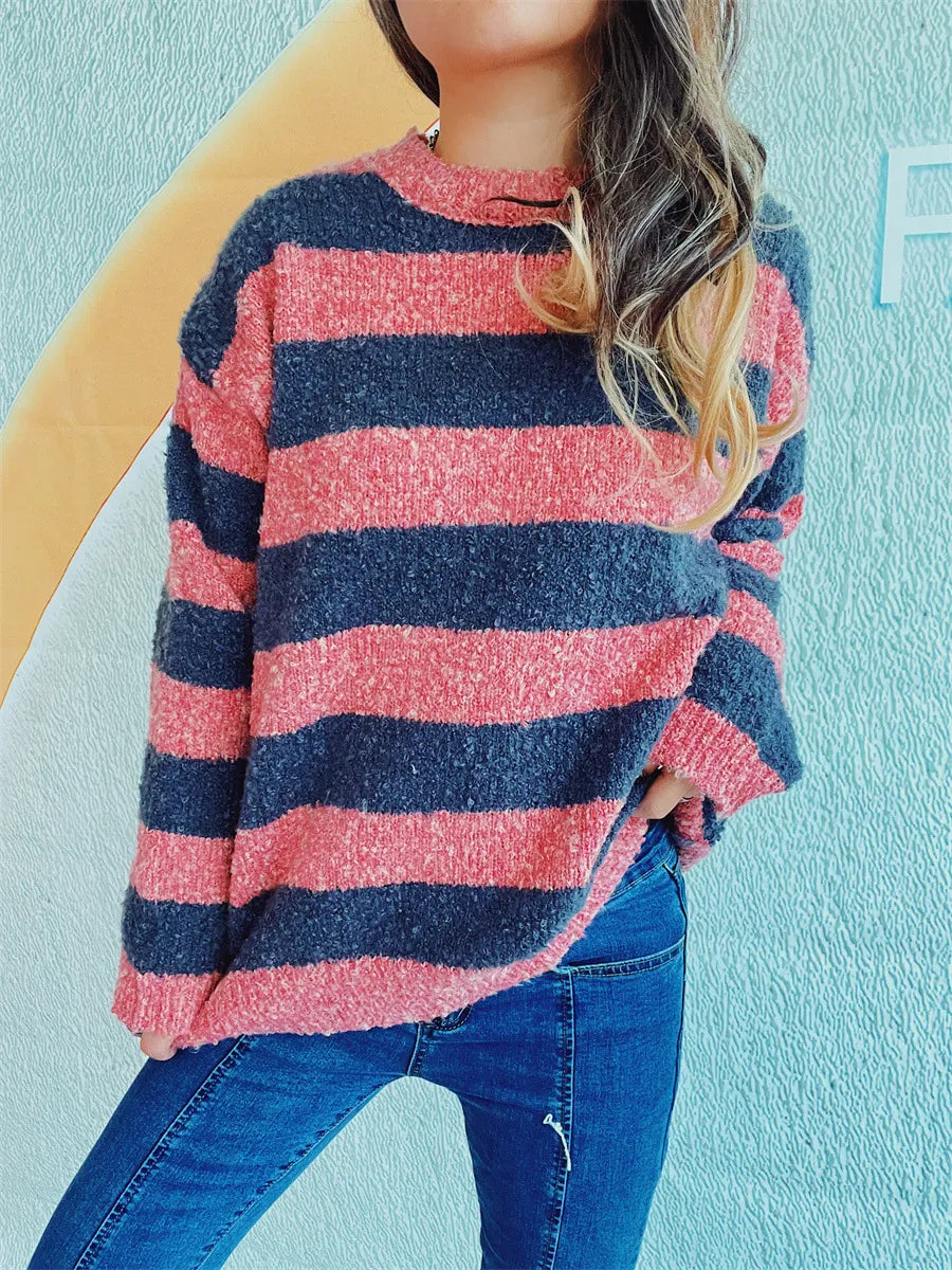 Striped Round Neck Long Sleeve Sweater - V.I.P Digital Presence