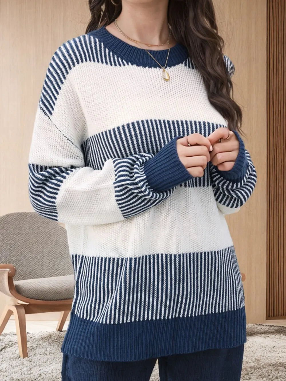 Striped Round Neck Long Sleeve Sweater - V.I.P Digital Presence