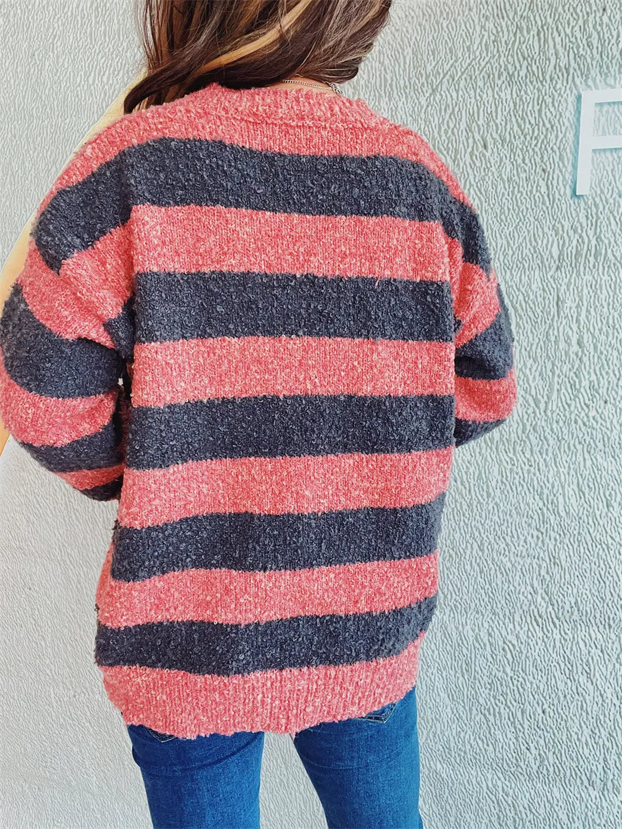 Striped Round Neck Long Sleeve Sweater - V.I.P Digital Presence