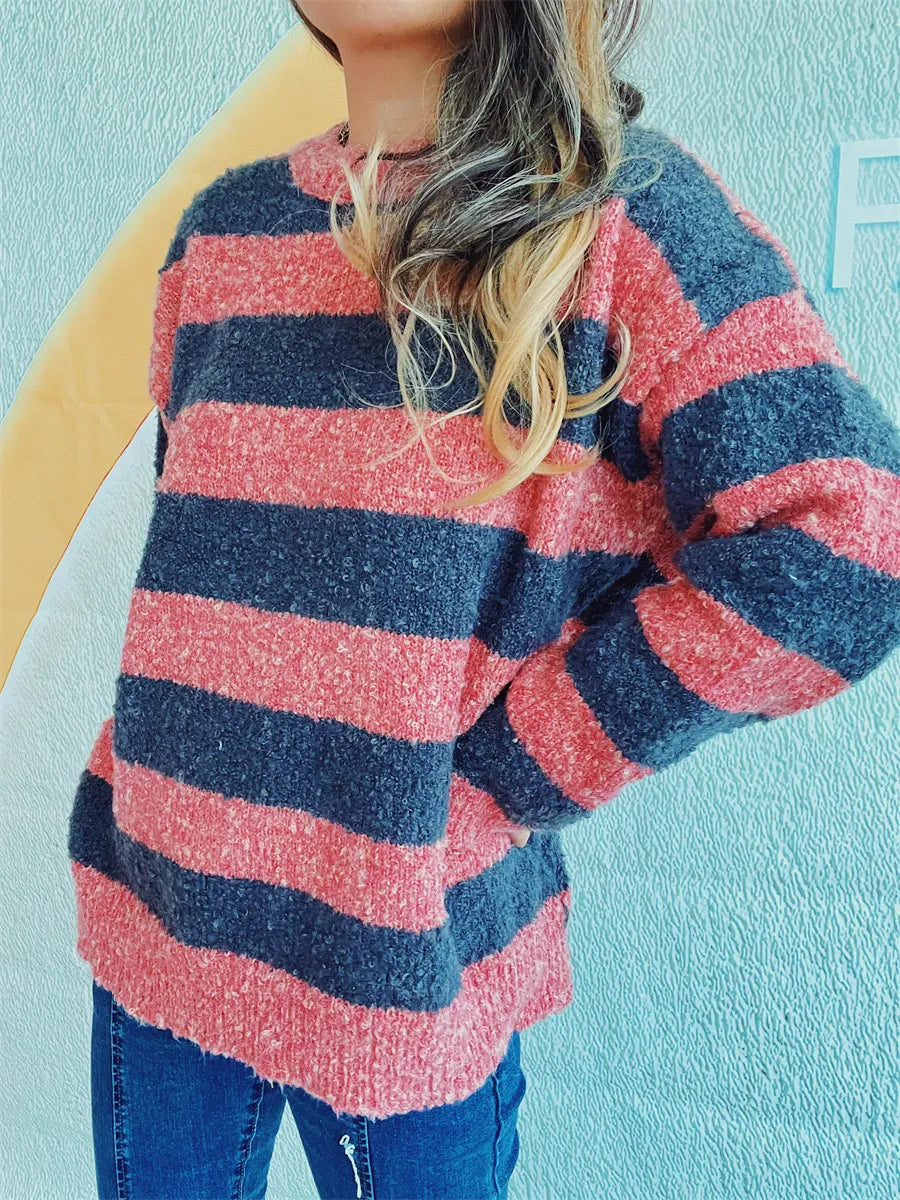 Striped Round Neck Long Sleeve Sweater - V.I.P Digital Presence