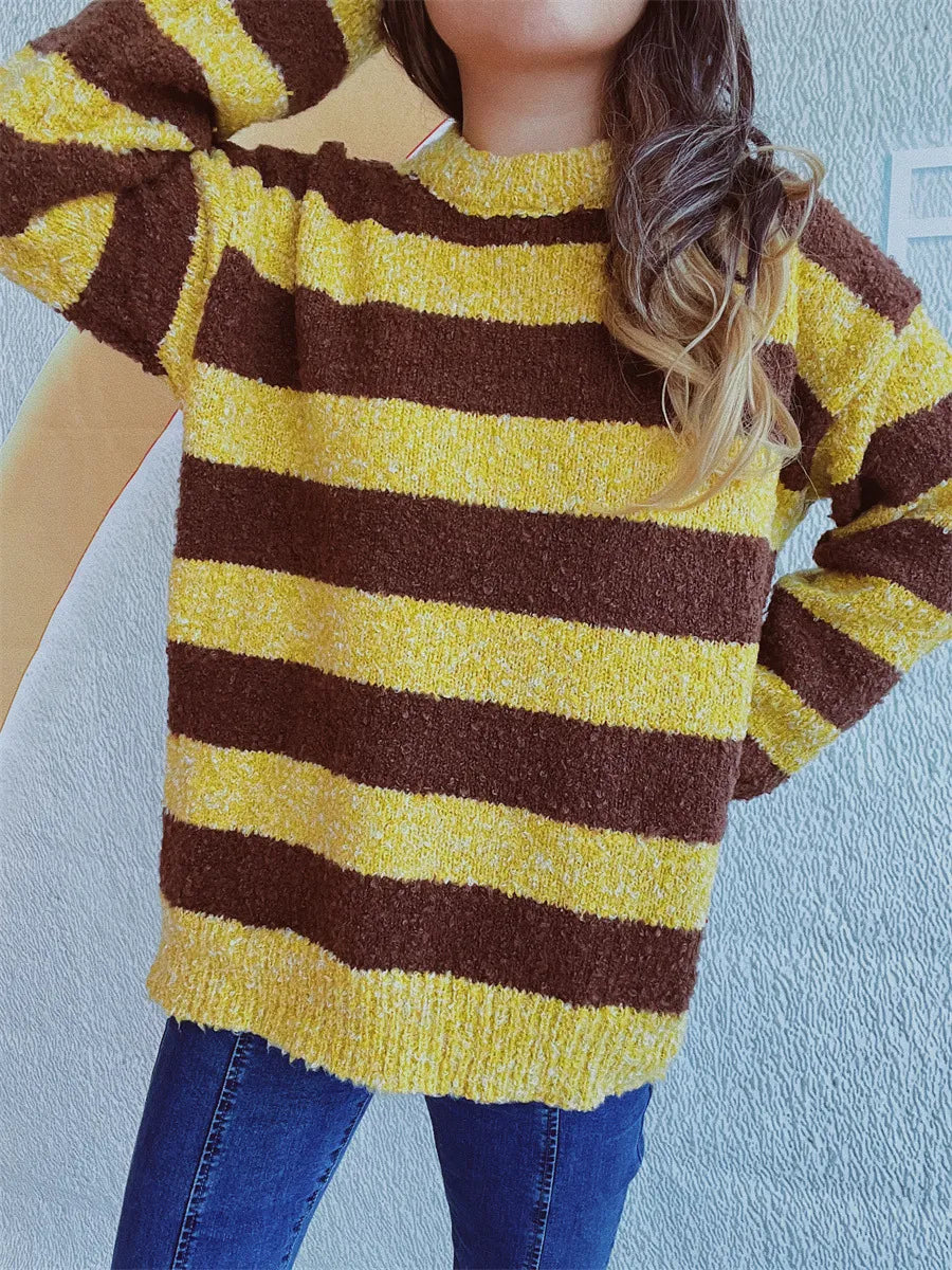 Striped Round Neck Long Sleeve Sweater - V.I.P Digital Presence