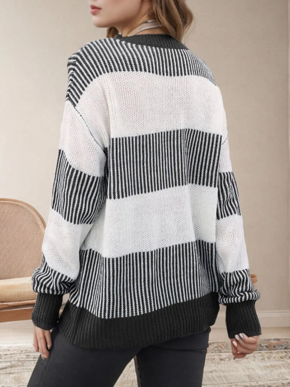Striped Round Neck Long Sleeve Sweater - V.I.P Digital Presence