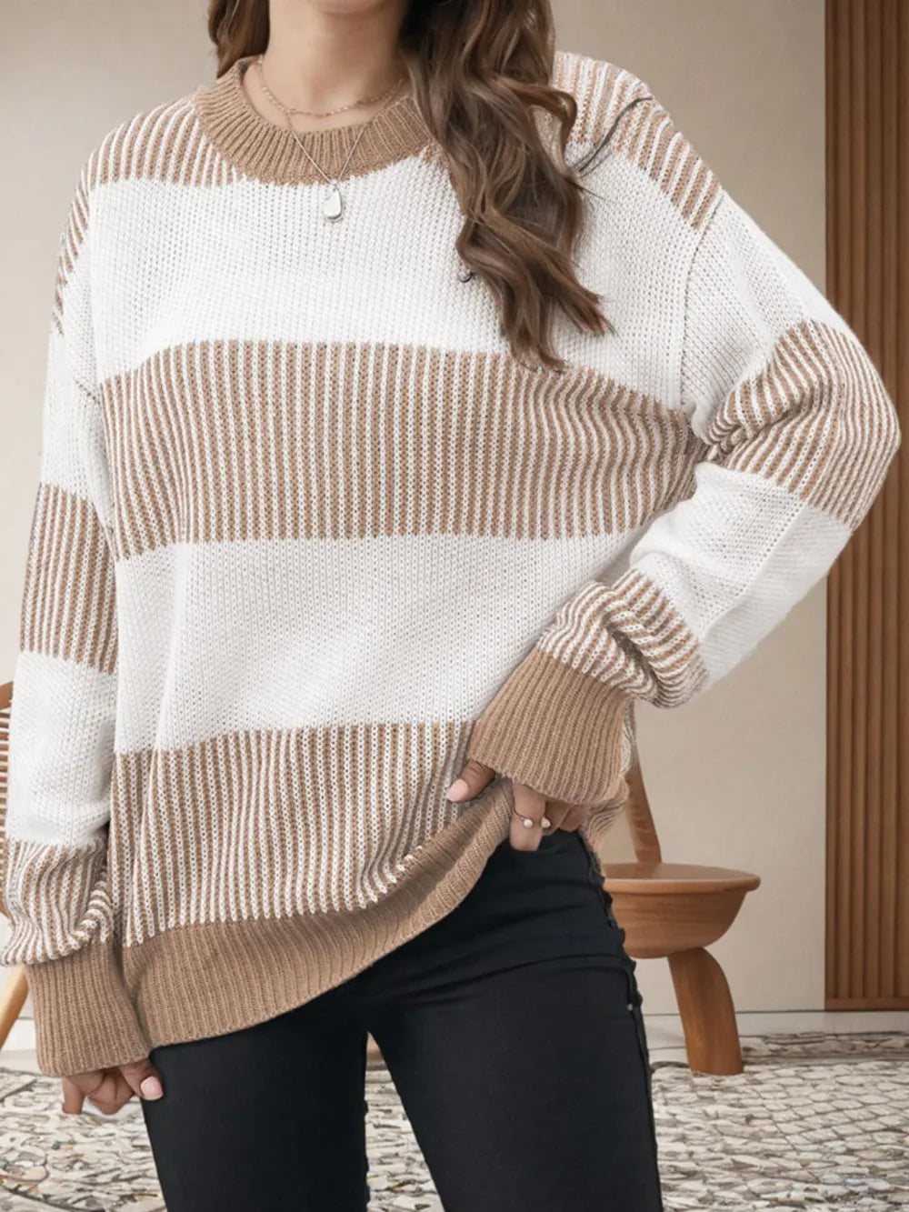 Striped Round Neck Long Sleeve Sweater - V.I.P Digital Presence