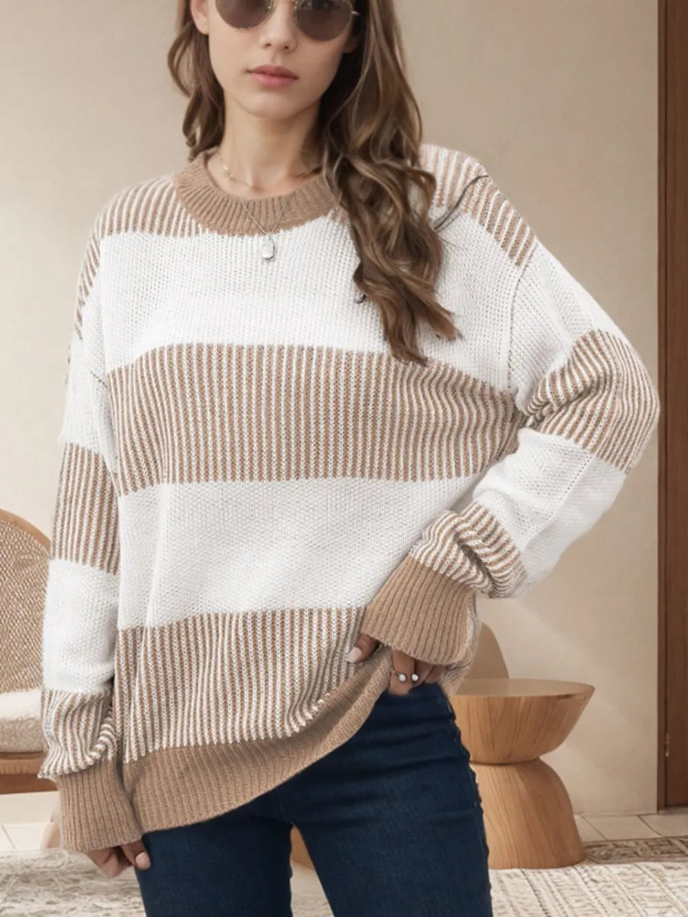 Striped Round Neck Long Sleeve Sweater - V.I.P Digital Presence
