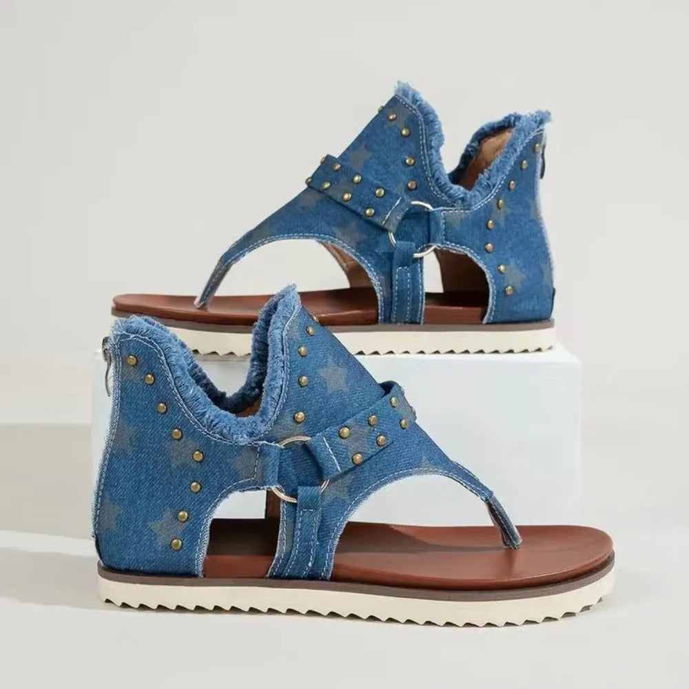 Studded Raw Hem Flat Sandals - V.I.P Digital Presence