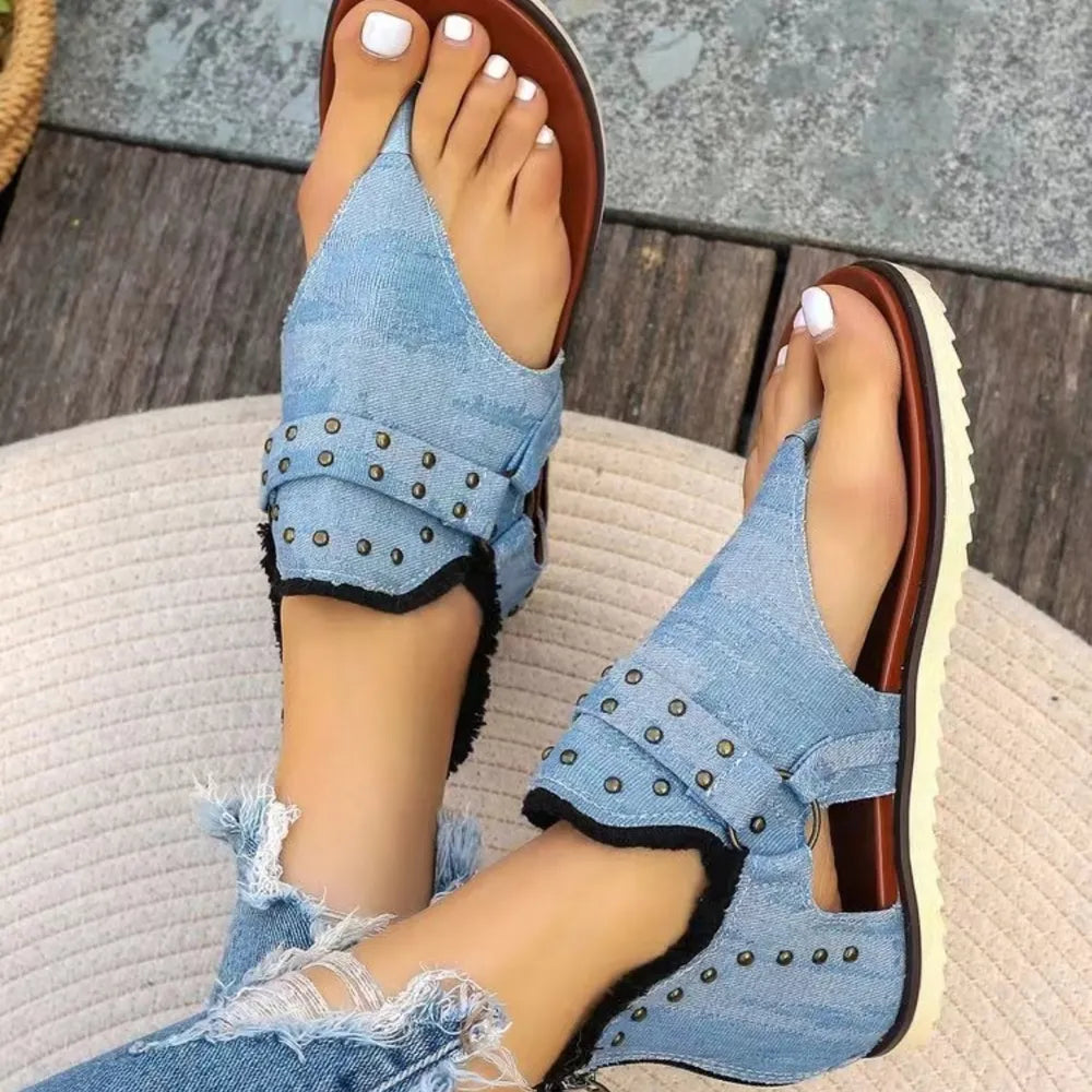 Studded Raw Hem Flat Sandals - V.I.P Digital Presence