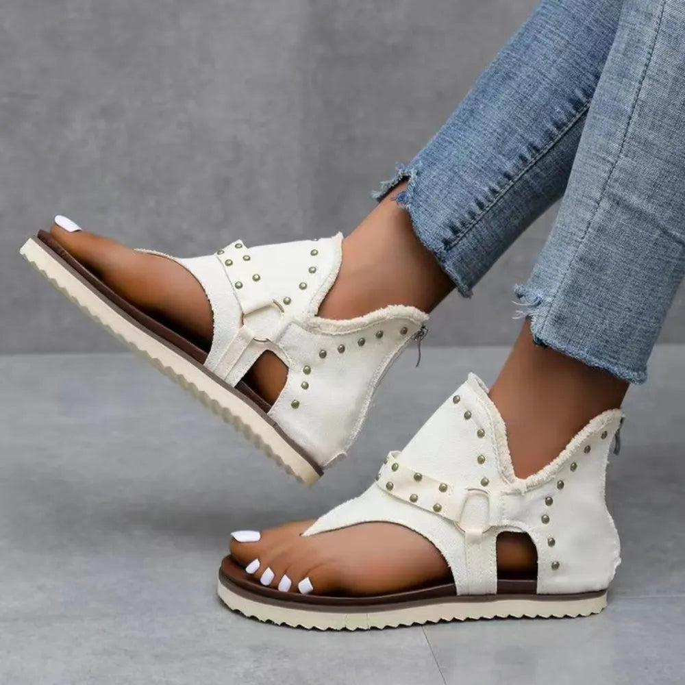 Studded Raw Hem Flat Sandals - V.I.P Digital Presence