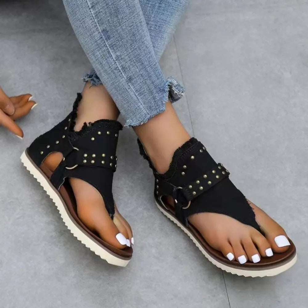 Studded Raw Hem Flat Sandals - V.I.P Digital Presence
