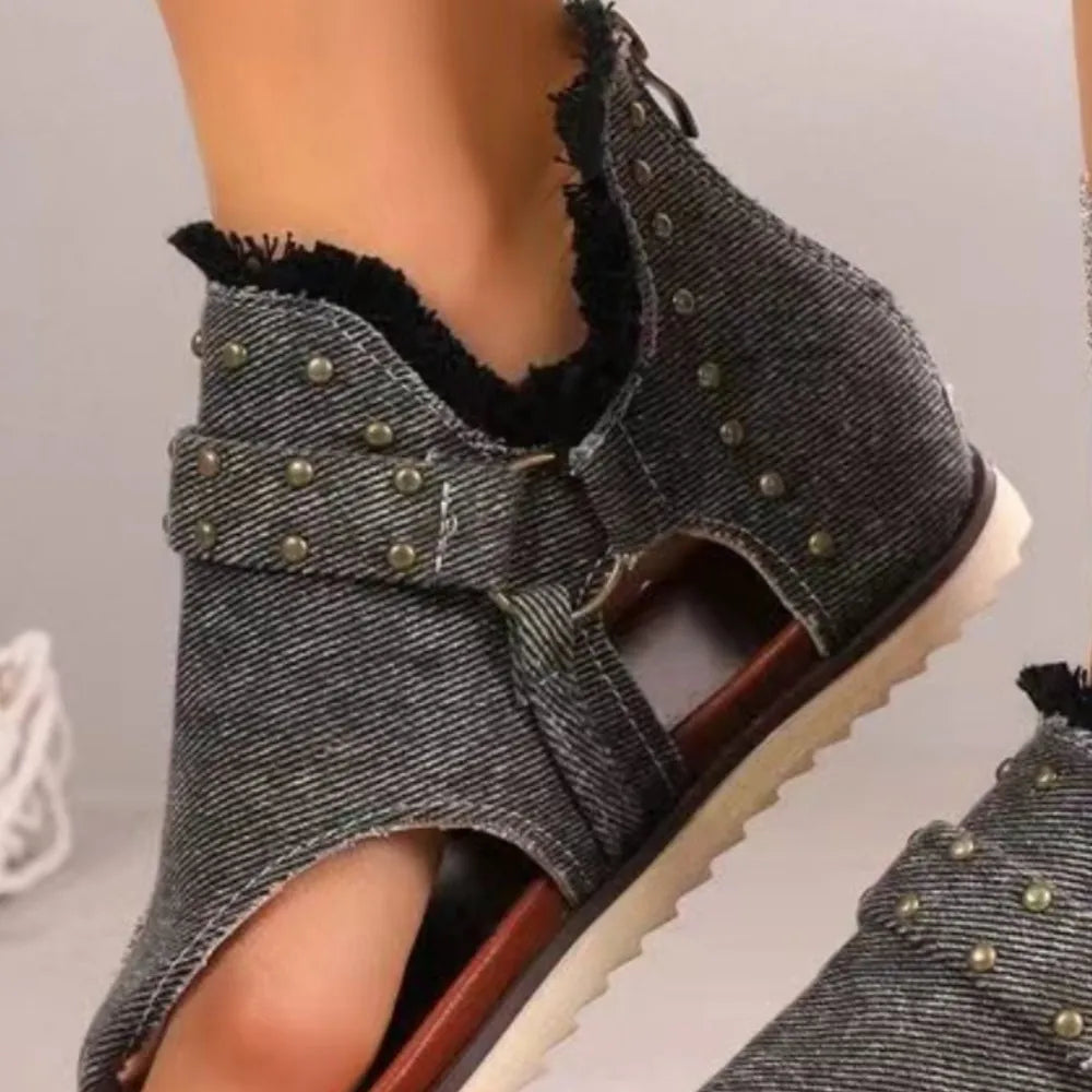 Studded Raw Hem Flat Sandals - V.I.P Digital Presence