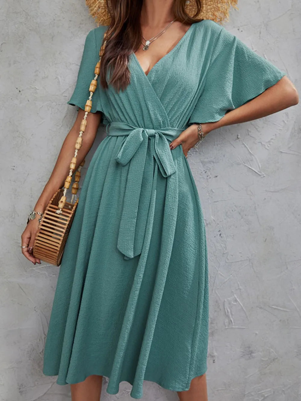 Surplice Flutter Sleeve Midi Dress - V.I.P Digital Presence