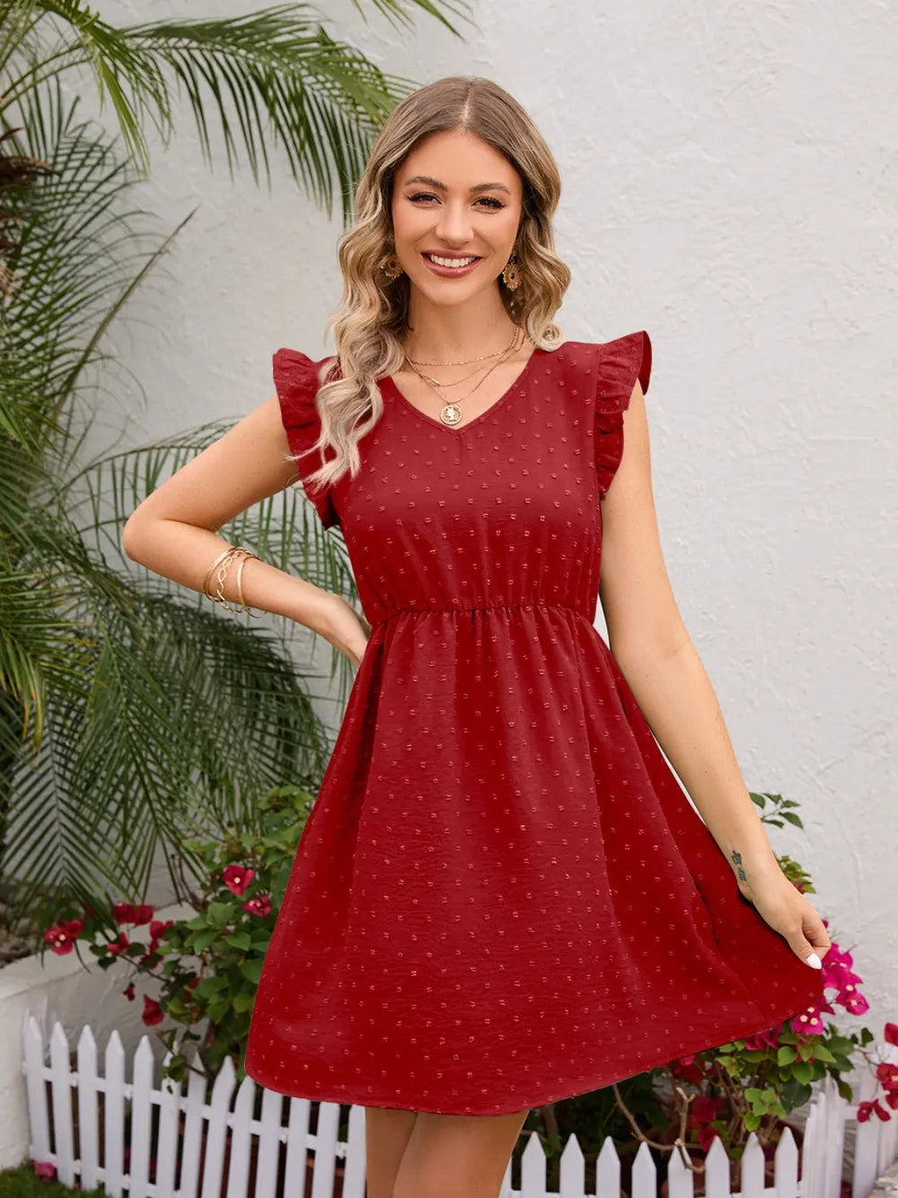 Swiss Dot Ruffled V-Neck Dress - V.I.P Digital Presence