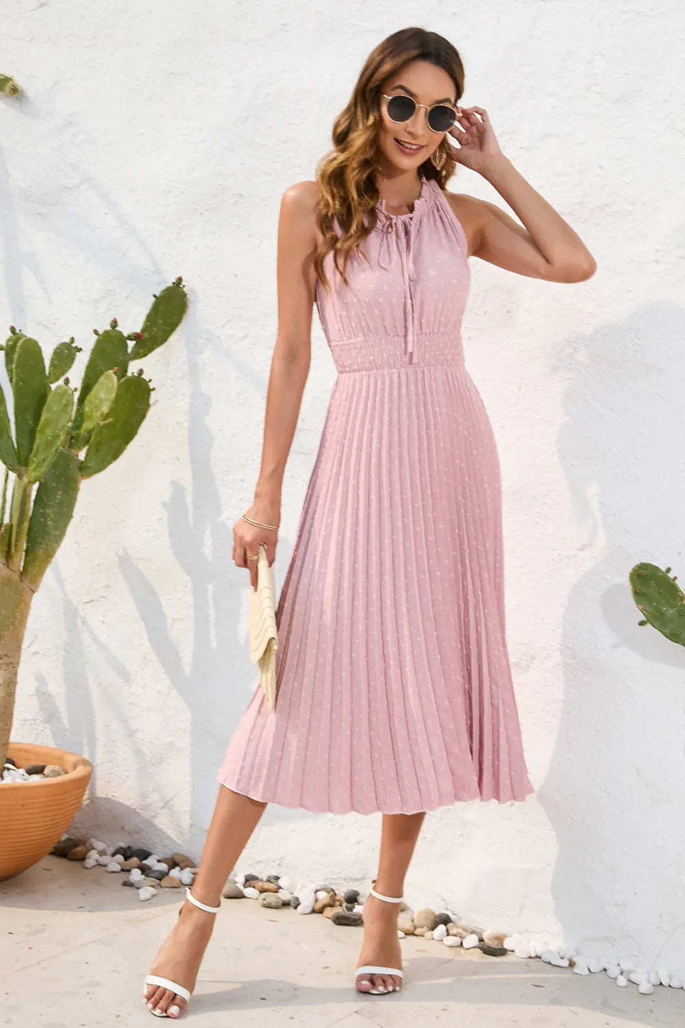 Swiss Dot Tie Neck Sleeveless Dress - V.I.P Digital Presence