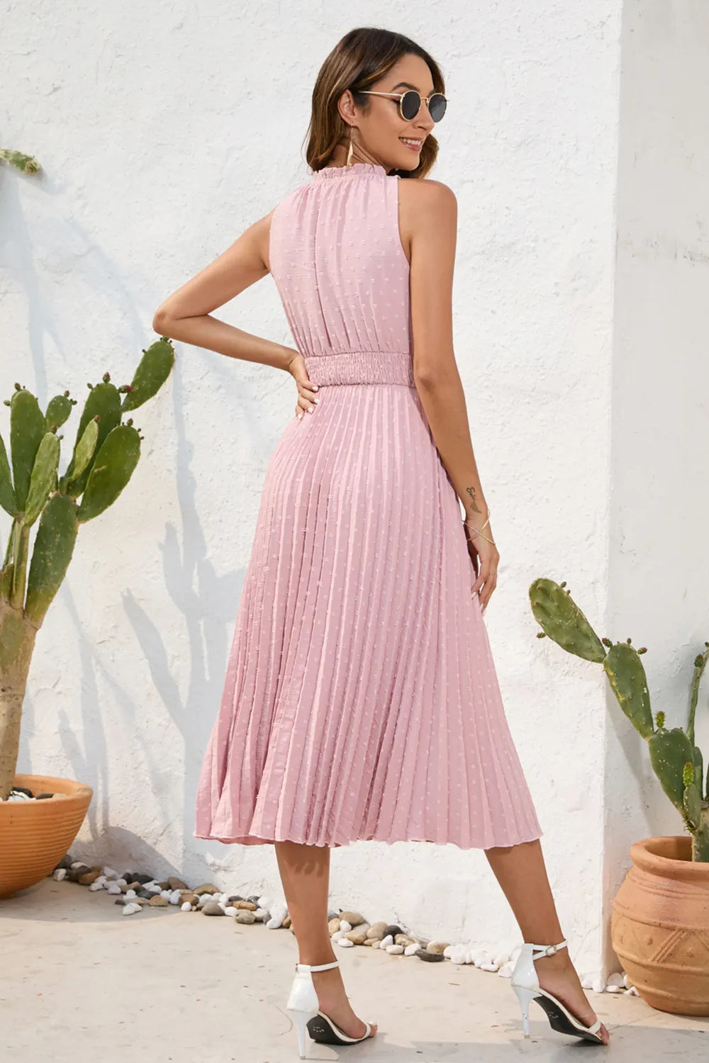 Swiss Dot Tie Neck Sleeveless Dress - V.I.P Digital Presence