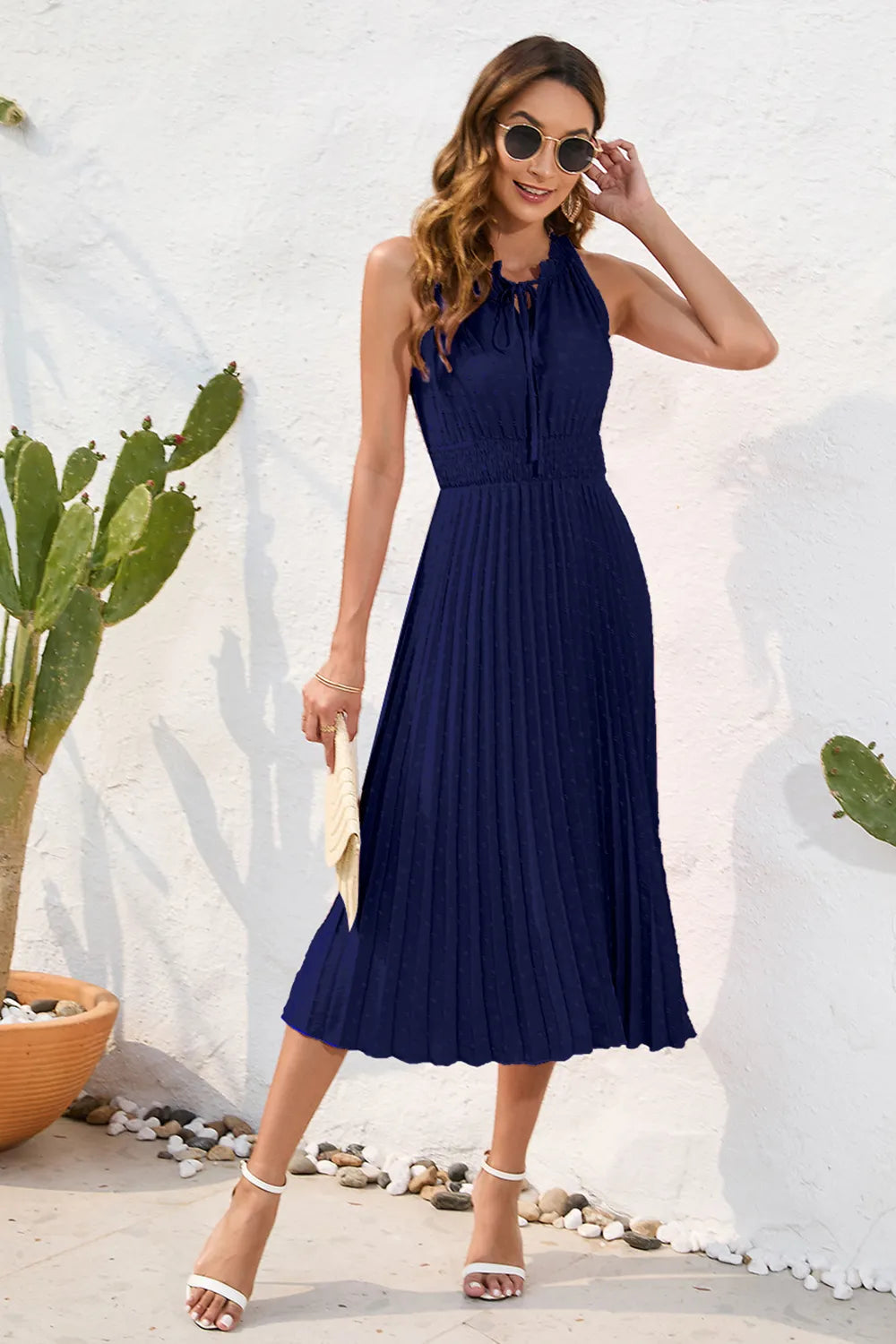 Swiss Dot Tie Neck Sleeveless Dress - V.I.P Digital Presence