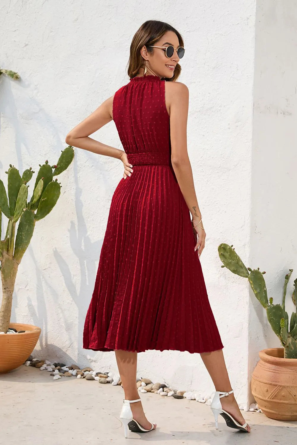 Swiss Dot Tie Neck Sleeveless Dress - V.I.P Digital Presence
