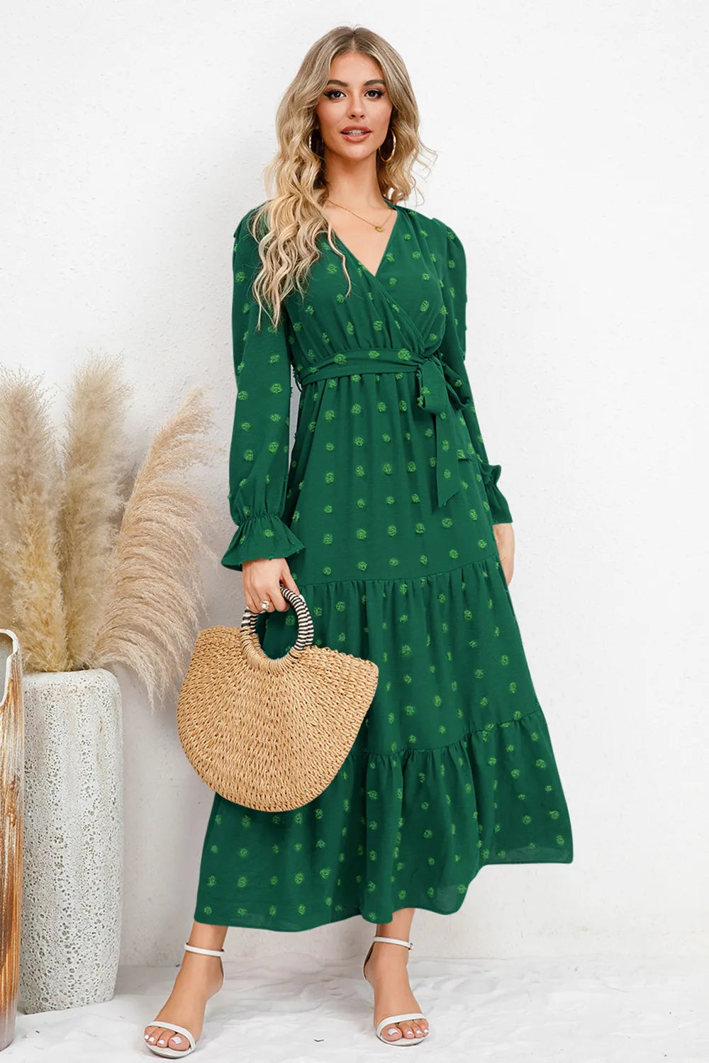Swiss Dot Tied Surplice Flounce Sleeve Dress - V.I.P Digital Presence
