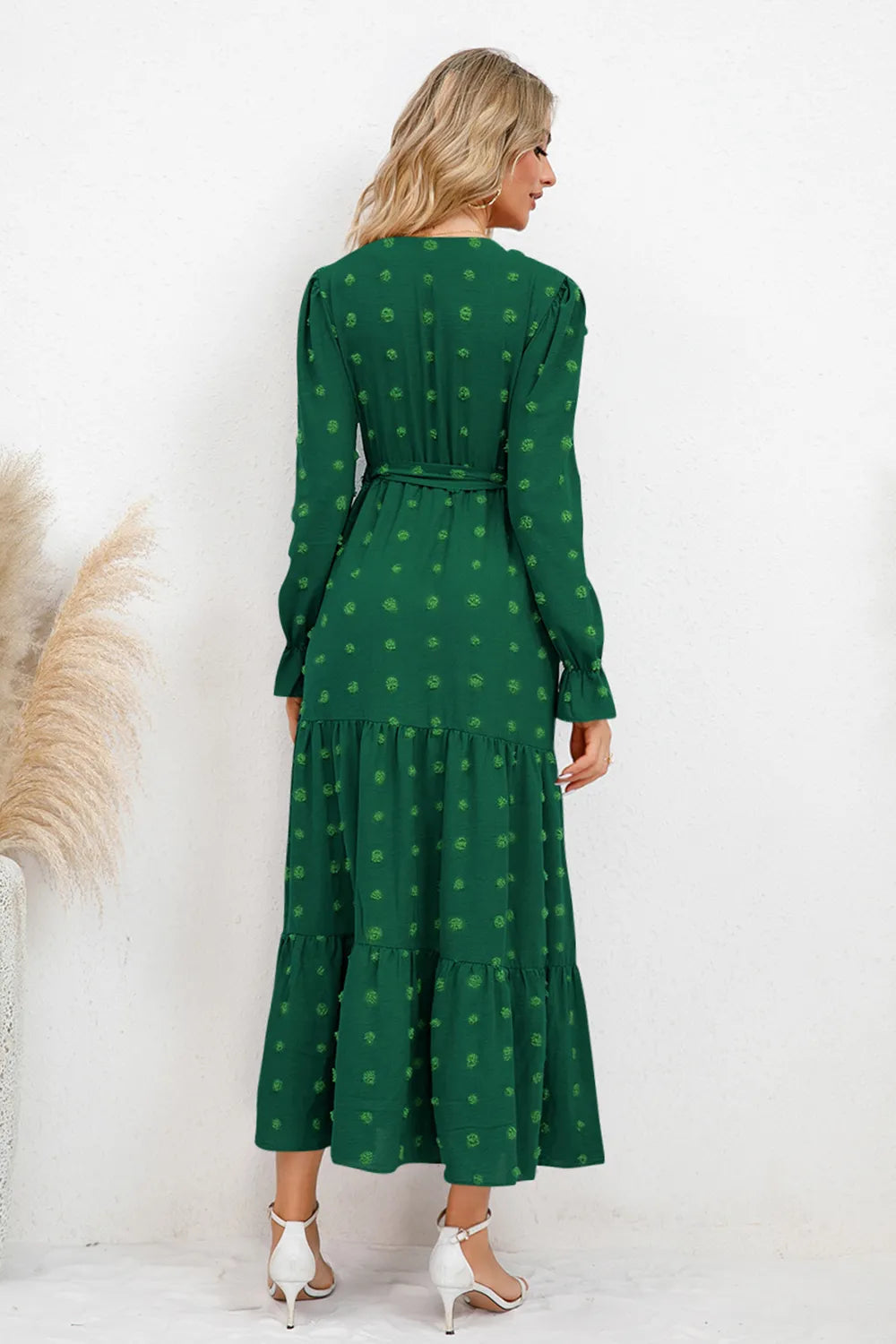 Swiss Dot Tied Surplice Flounce Sleeve Dress - V.I.P Digital Presence