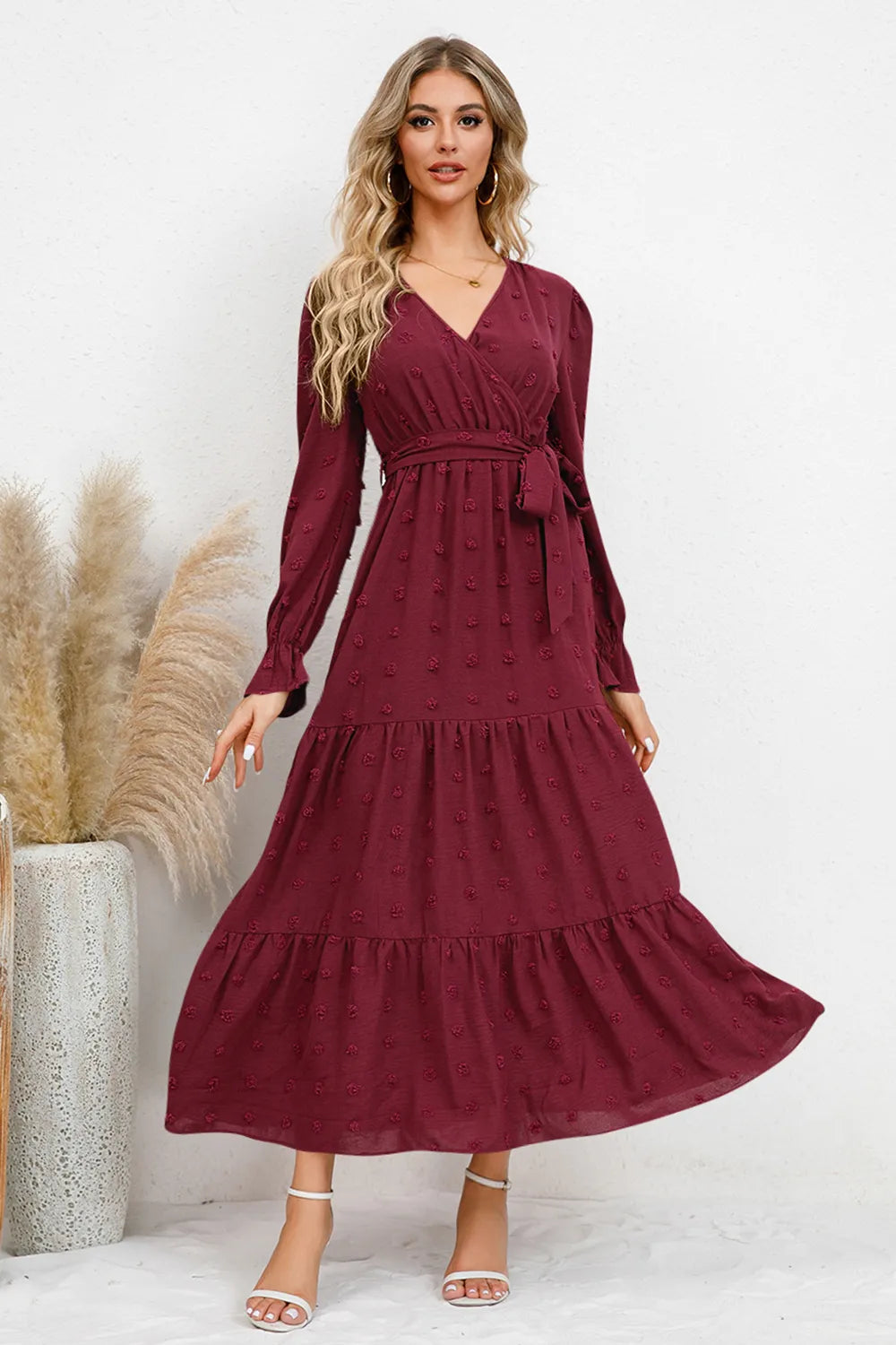 Swiss Dot Tied Surplice Flounce Sleeve Dress - V.I.P Digital Presence
