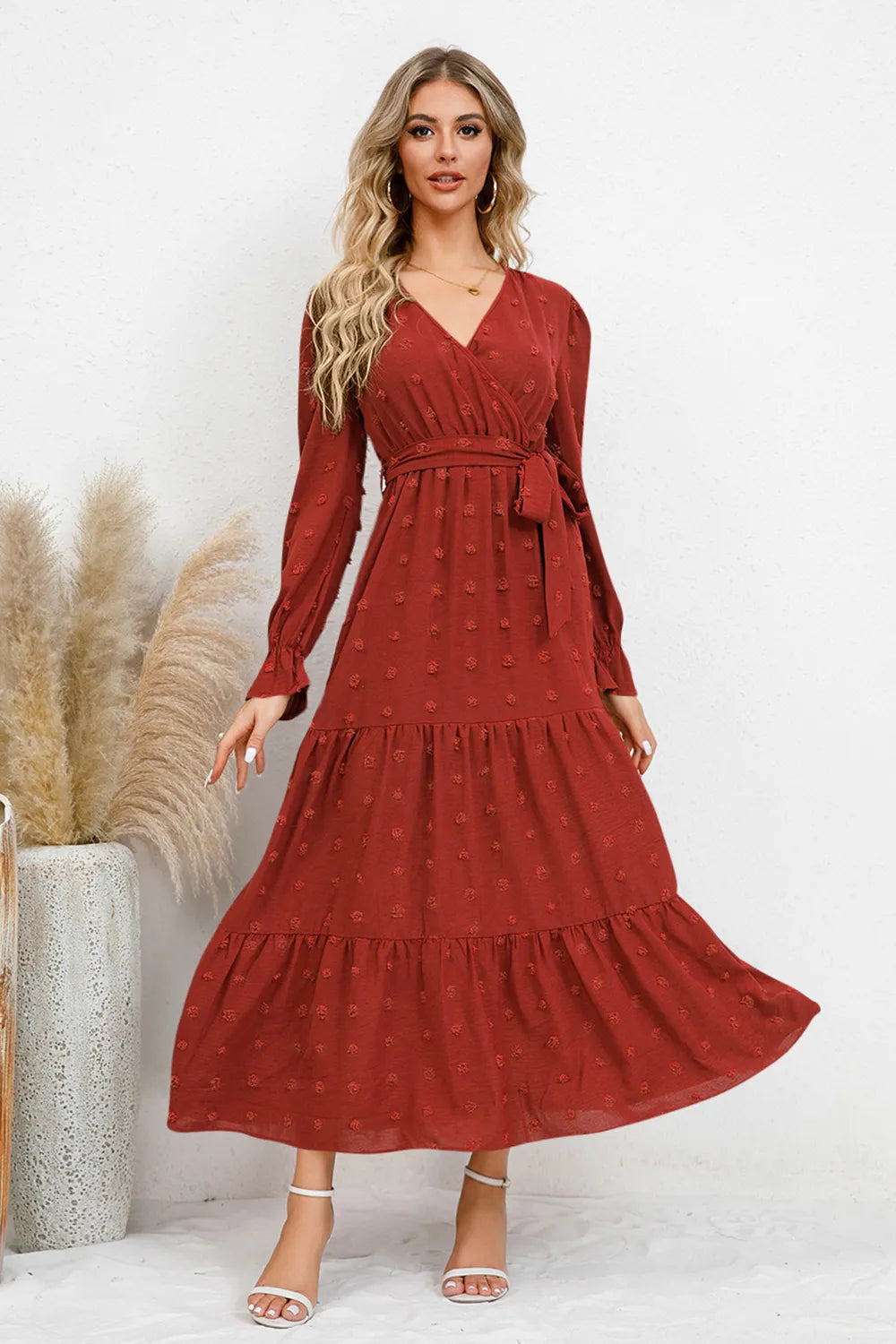 Swiss Dot Tied Surplice Flounce Sleeve Dress - V.I.P Digital Presence