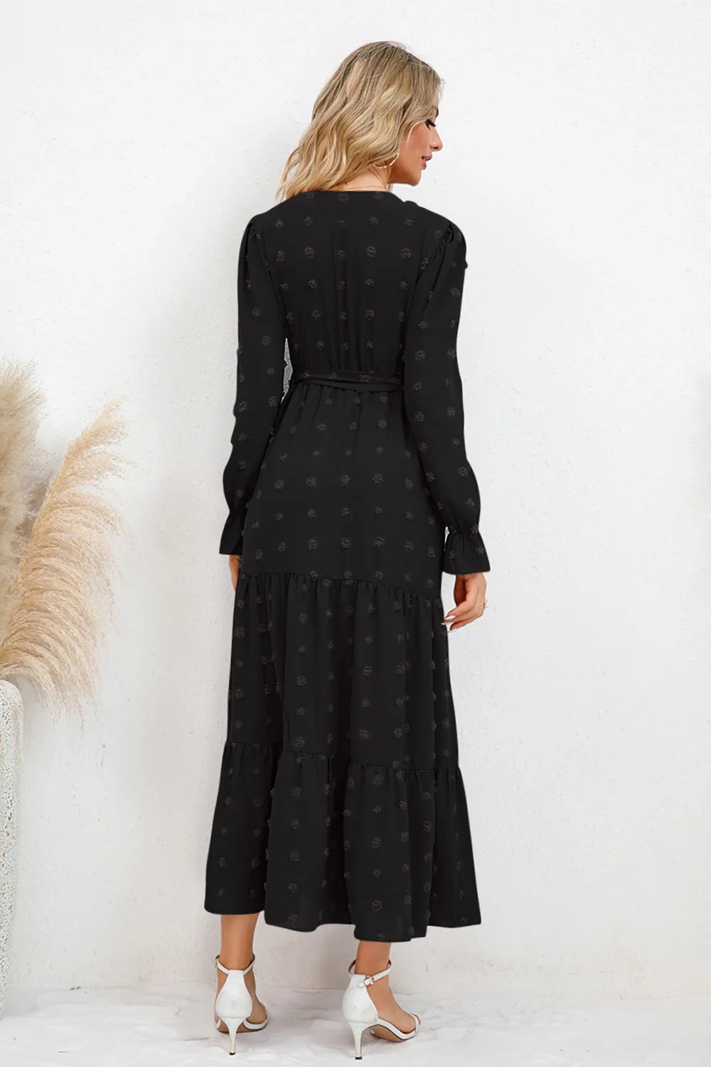 Swiss Dot Tied Surplice Flounce Sleeve Dress - V.I.P Digital Presence