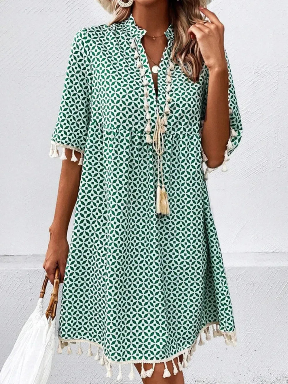 Tassel Printed Notched Half Sleeve Mini Dress - V.I.P Digital Presence