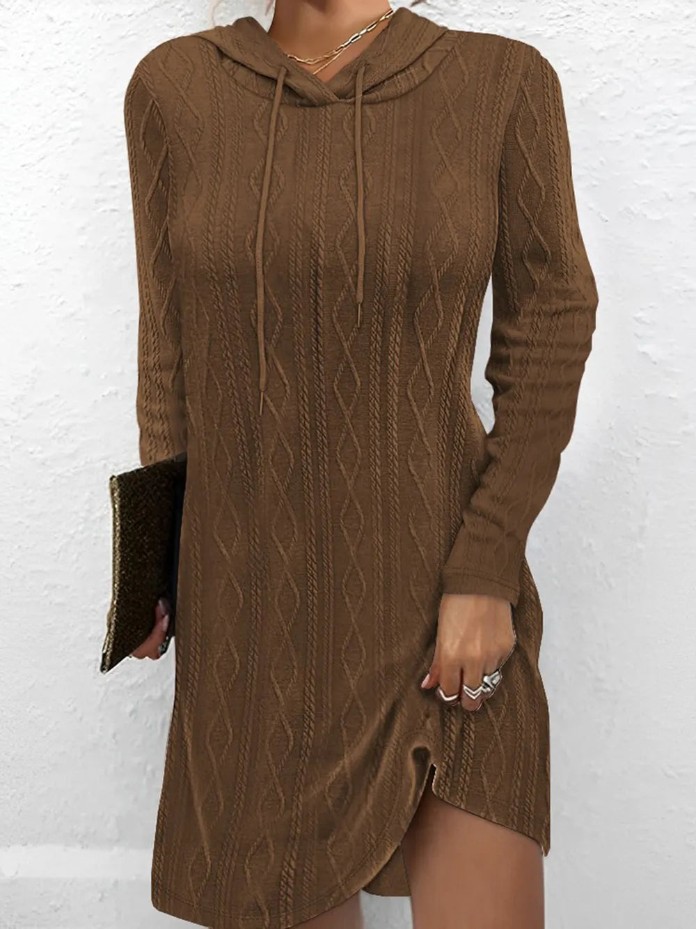 Textured Drawstring Long Sleeve Hooded Dress - V.I.P Digital Presence
