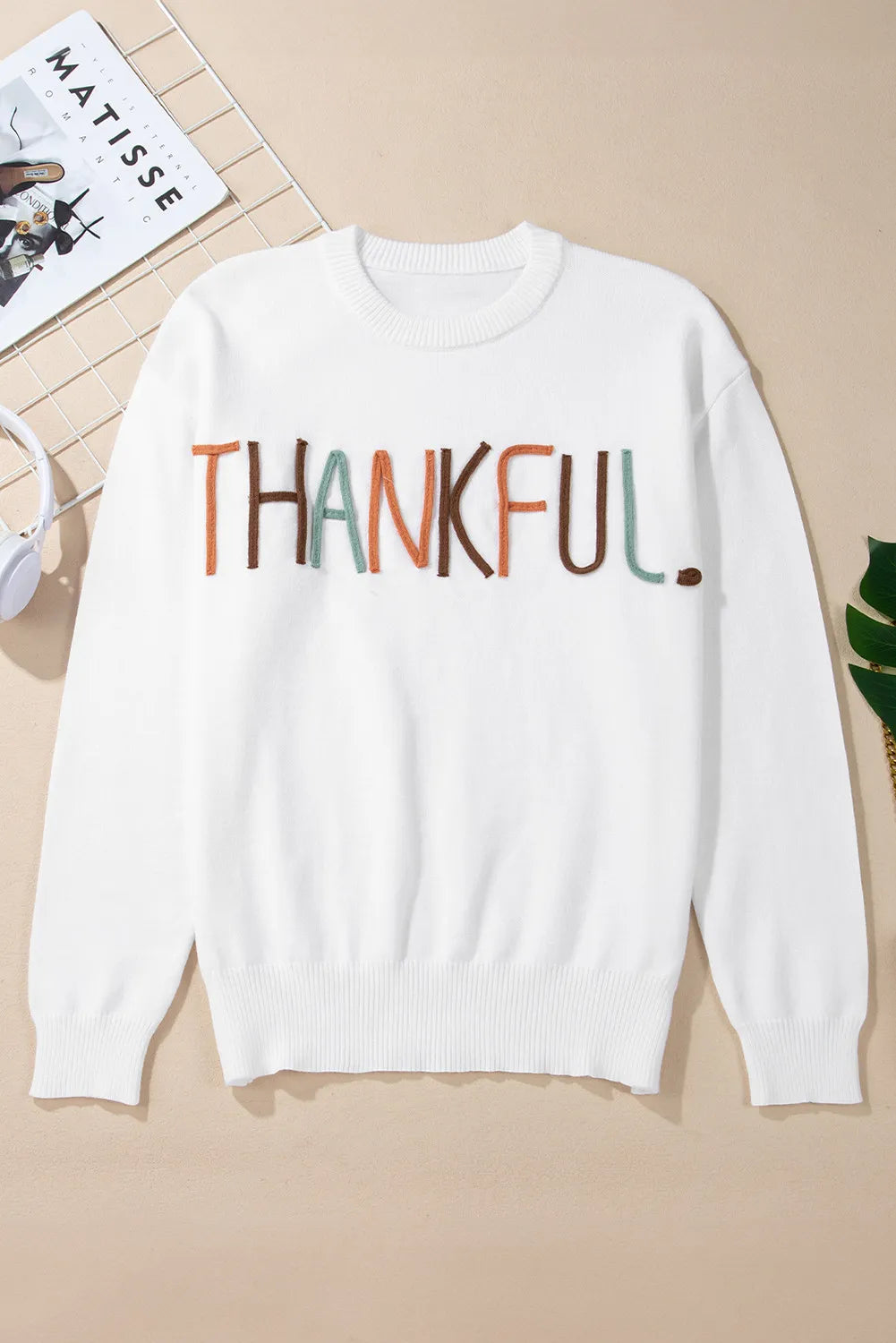 THANKFUL Round Neck Long Sleeve Knit Top - V.I.P Digital Presence