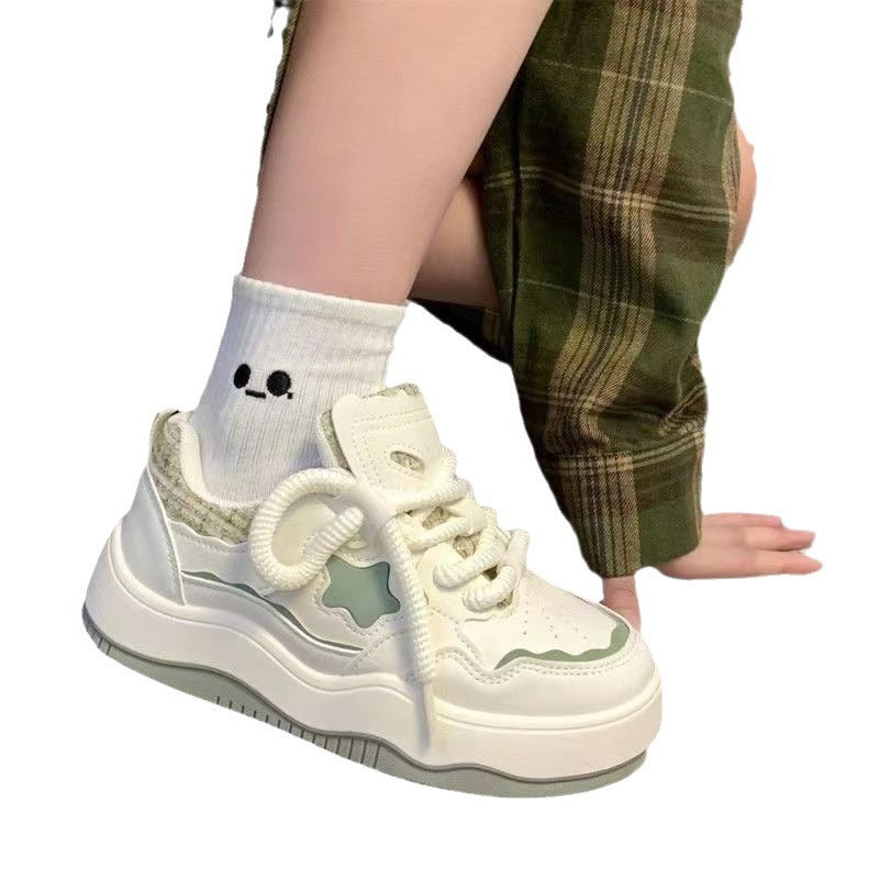 Thick soled color blocked white shoes for women, casual lace up sports board shoes for women, Instagram trendy - V.I.P Digital Presence