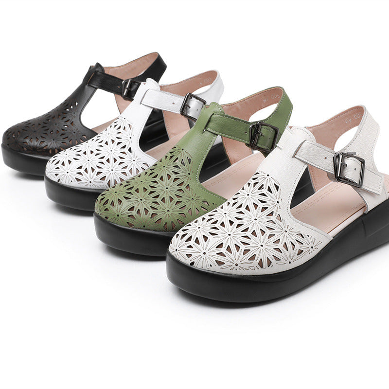 Thick soled toe sandals women's genuine leather sponge cake wedge heel hollowed out hole shoes flat bottomed women's shoes - V.I.P Digital Presence