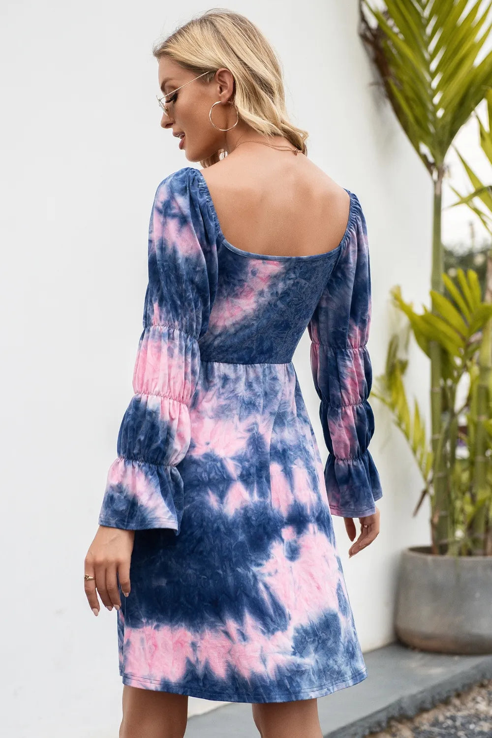 Tie-Dye Square Neck Flounce Sleeve Dress - V.I.P Digital Presence