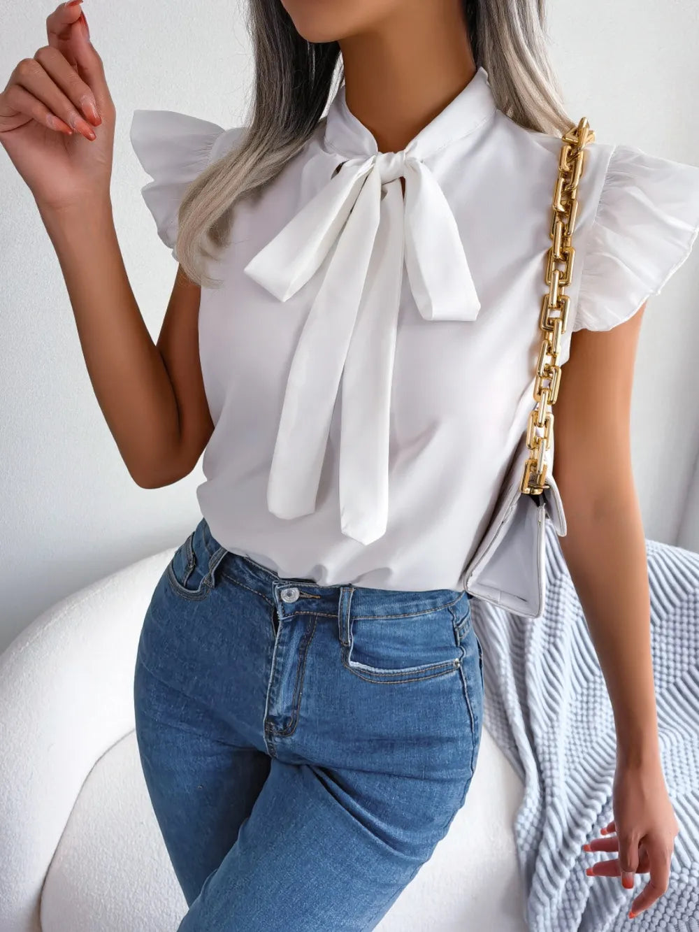 Tie Neck Cap Sleeve Blouse - V.I.P Digital Presence