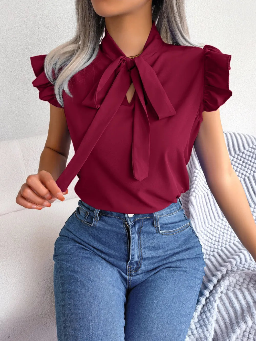 Tie Neck Cap Sleeve Blouse - V.I.P Digital Presence
