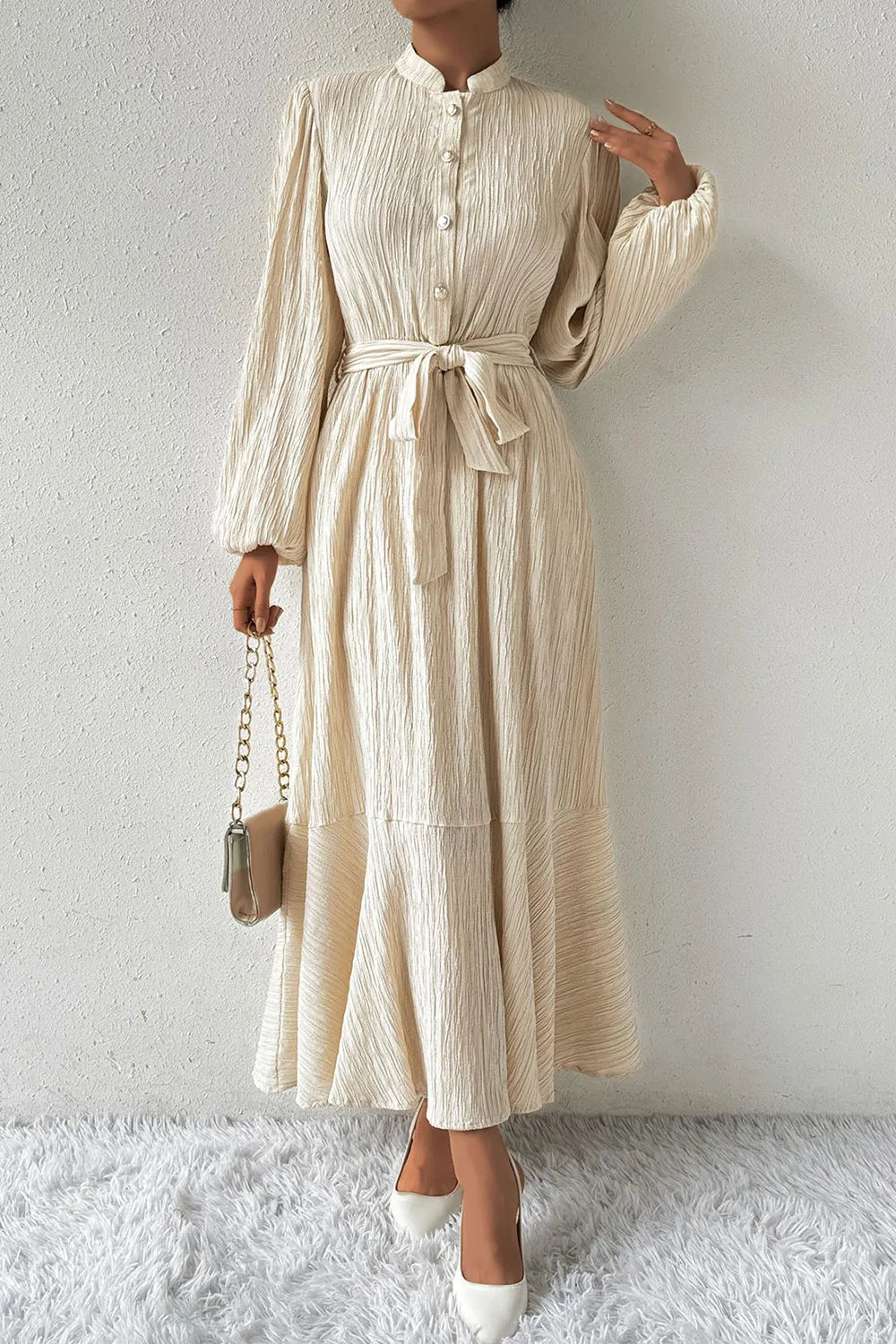 Tied Button Up Balloon Sleeve Dress - V.I.P Digital Presence