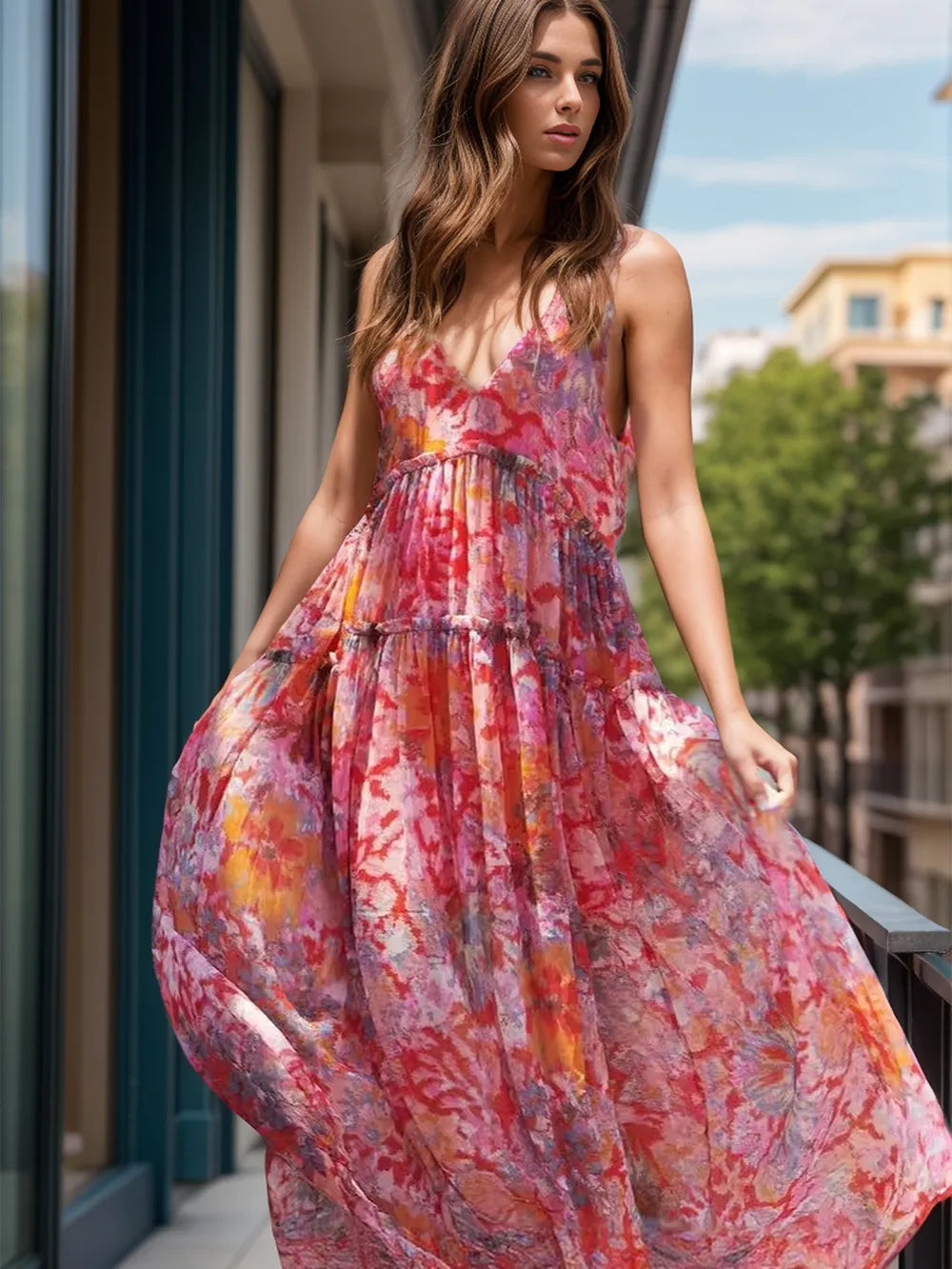 Tiered Printed V-Neck Sleeveless Dress - V.I.P Digital Presence