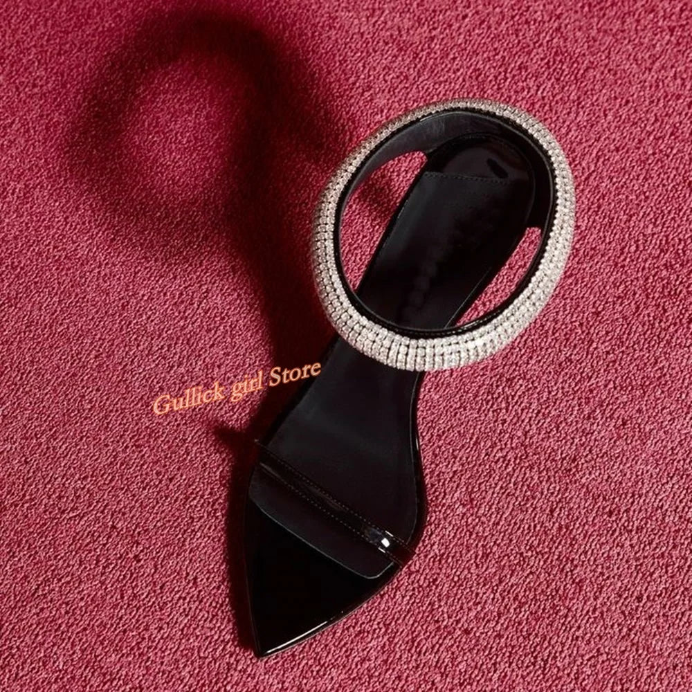 Top Quality Crystal Strap Stiletto Sandals Sexy Pointed Toe Black Patend Leather Slip On Fashion Summer New Arrivals Shoes - V.I.P Digital Presence