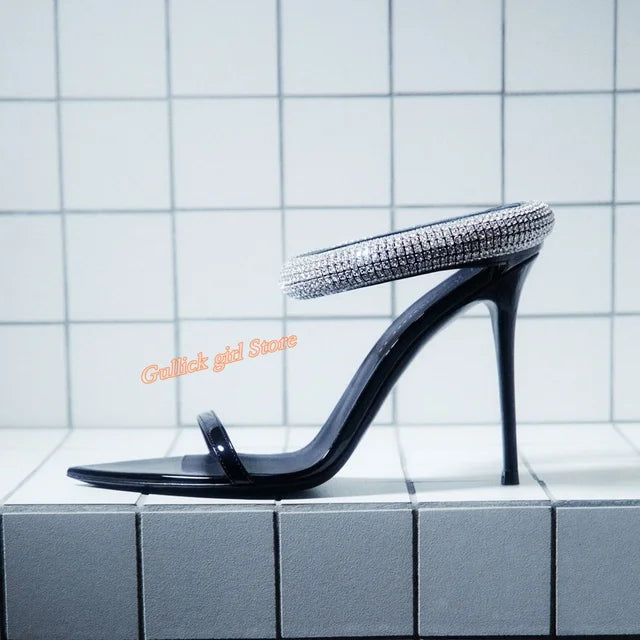 Top Quality Crystal Strap Stiletto Sandals Sexy Pointed Toe Black Patend Leather Slip On Fashion Summer New Arrivals Shoes - V.I.P Digital Presence