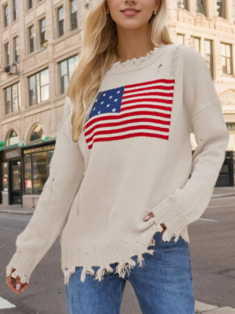 US Flag Distressed Round Neck Long Sleeve Sweater - V.I.P Digital Presence