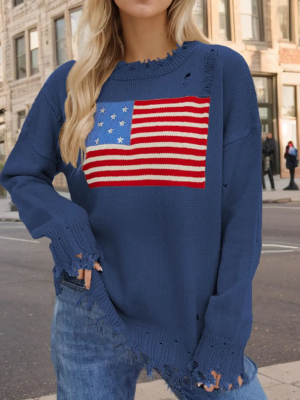 US Flag Distressed Round Neck Long Sleeve Sweater - V.I.P Digital Presence