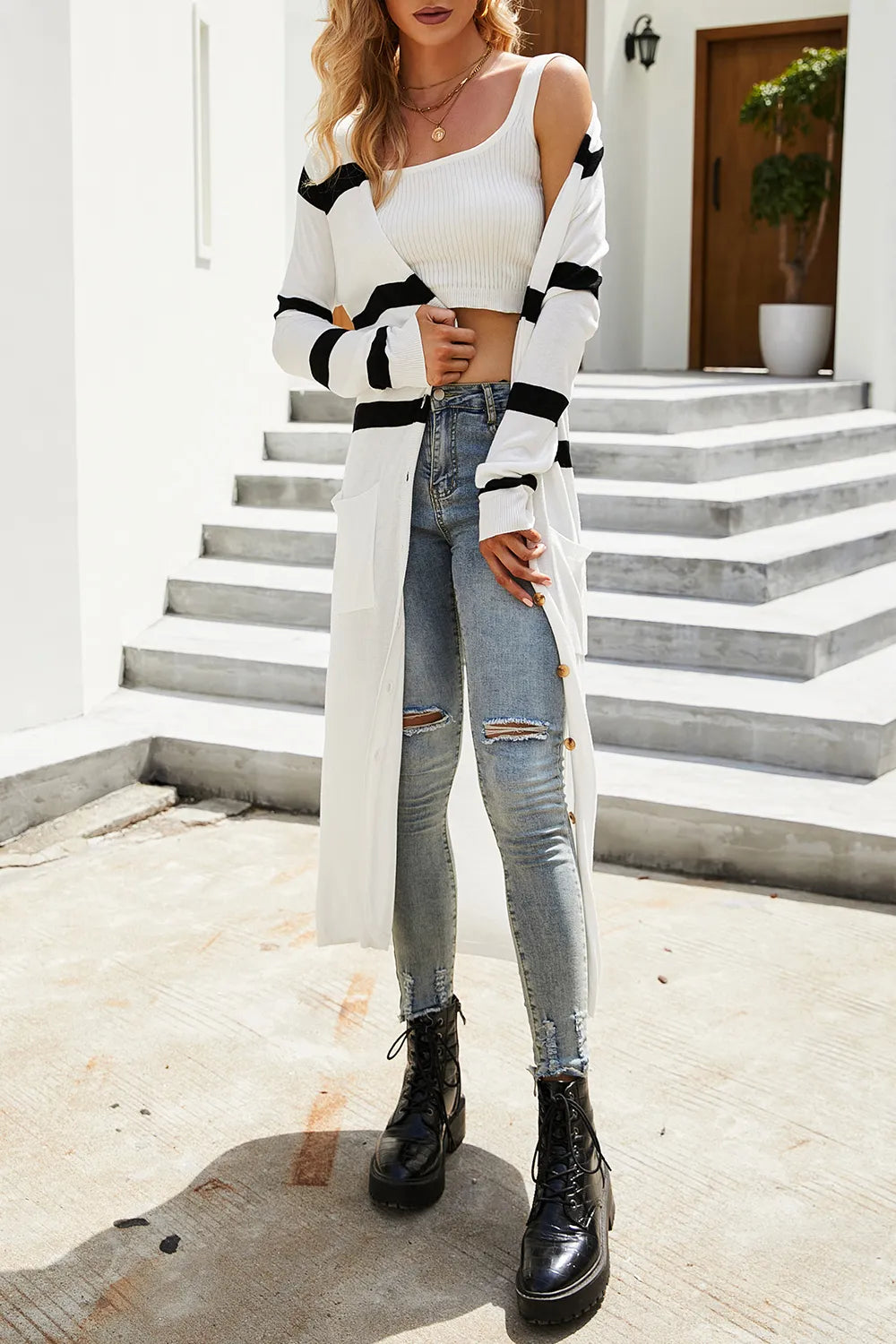V-neck black and white striped knitted cardigan for women - V.I.P Digital Presence