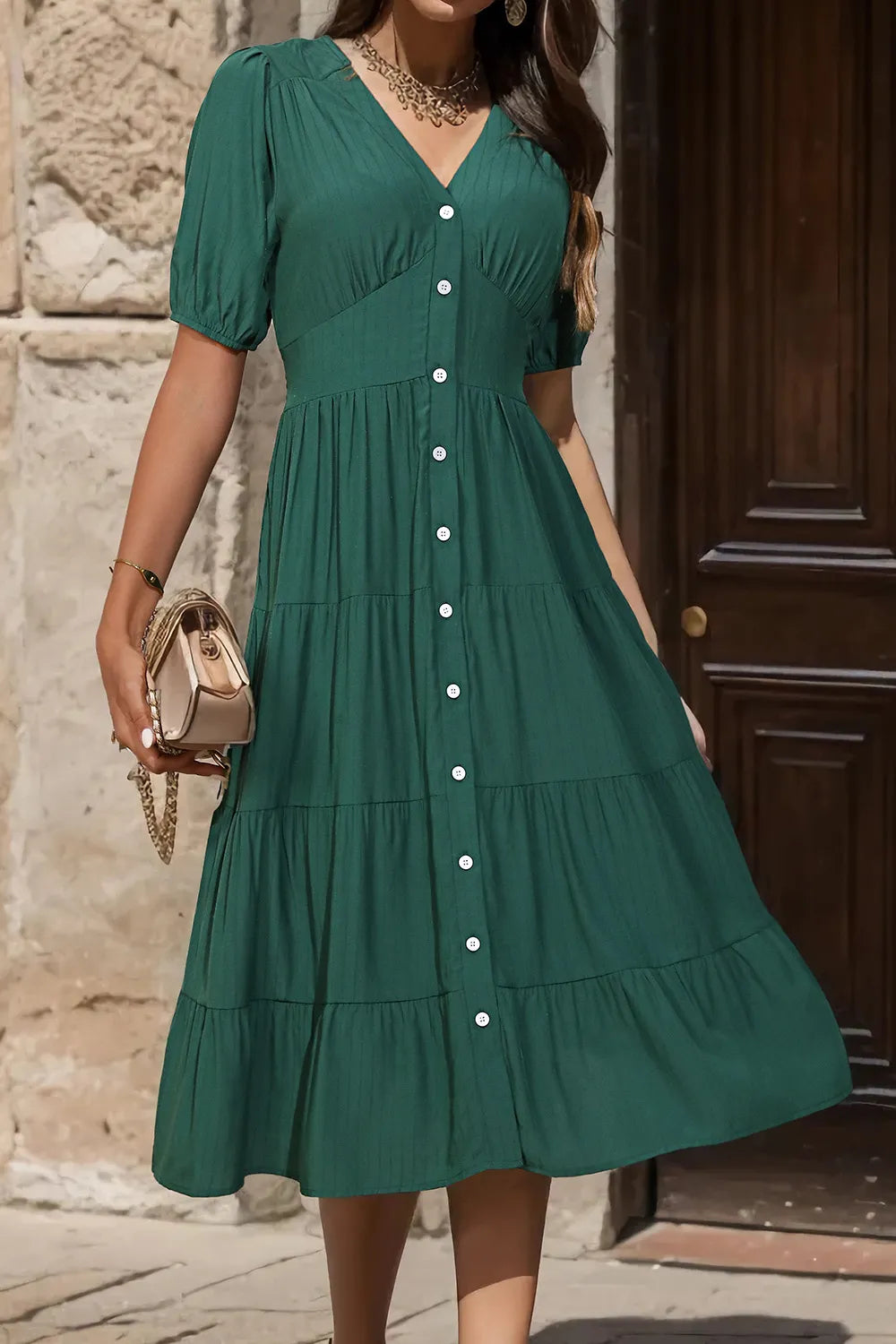 V-Neck Button Up Balloon Sleeve Midi Dress - V.I.P Digital Presence