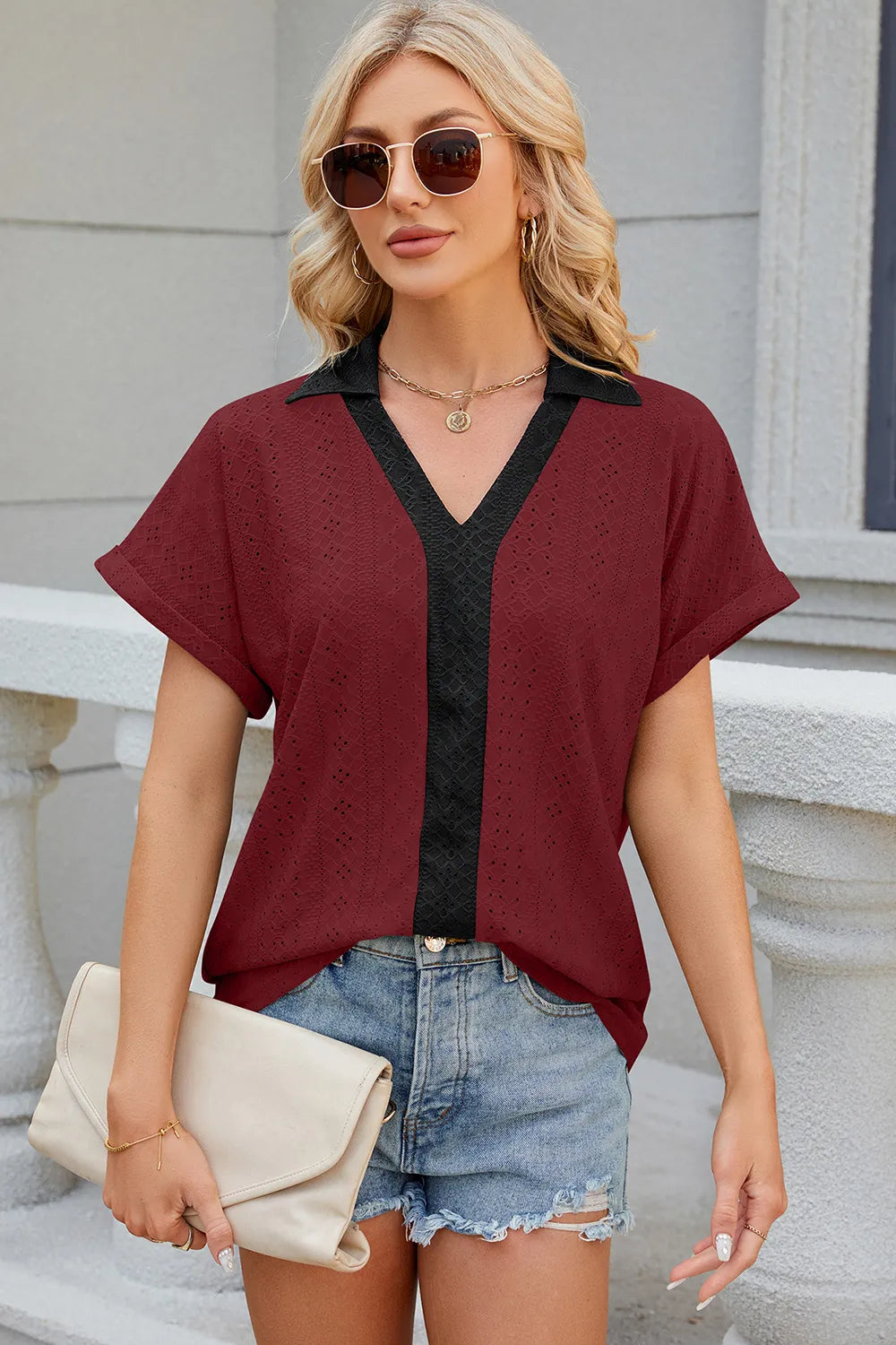 V-neck contrasting short sleeved loose T-shirt top for women - V.I.P Digital Presence