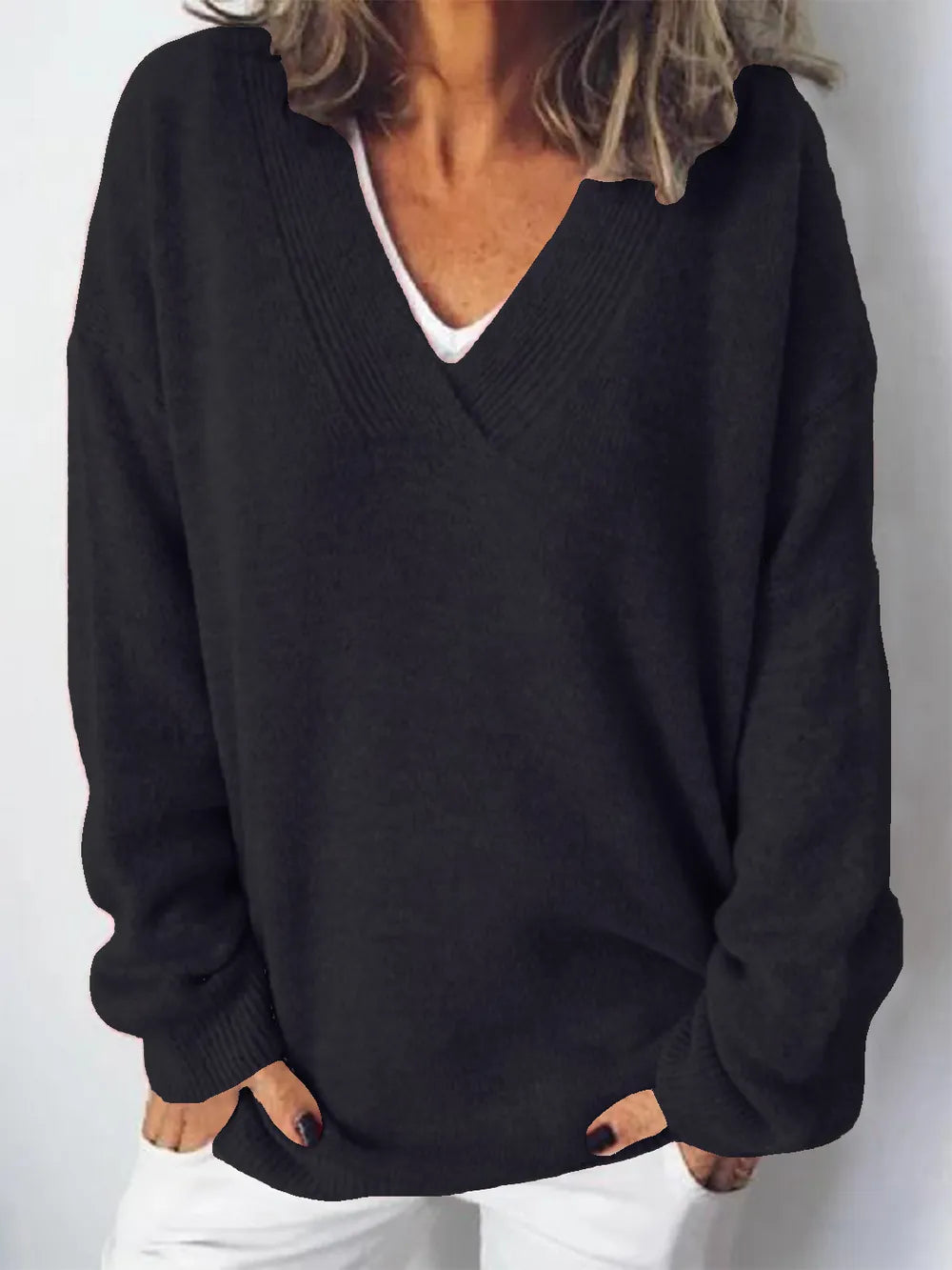 V-Neck Dropped Shoulder Sweater - V.I.P Digital Presence