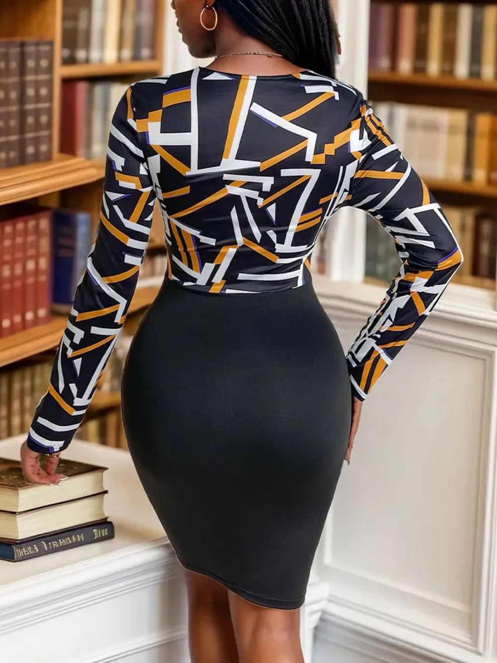 V-neck high waist slim fit hip hugging skirt geometric long sleeved women's dress - V.I.P Digital Presence