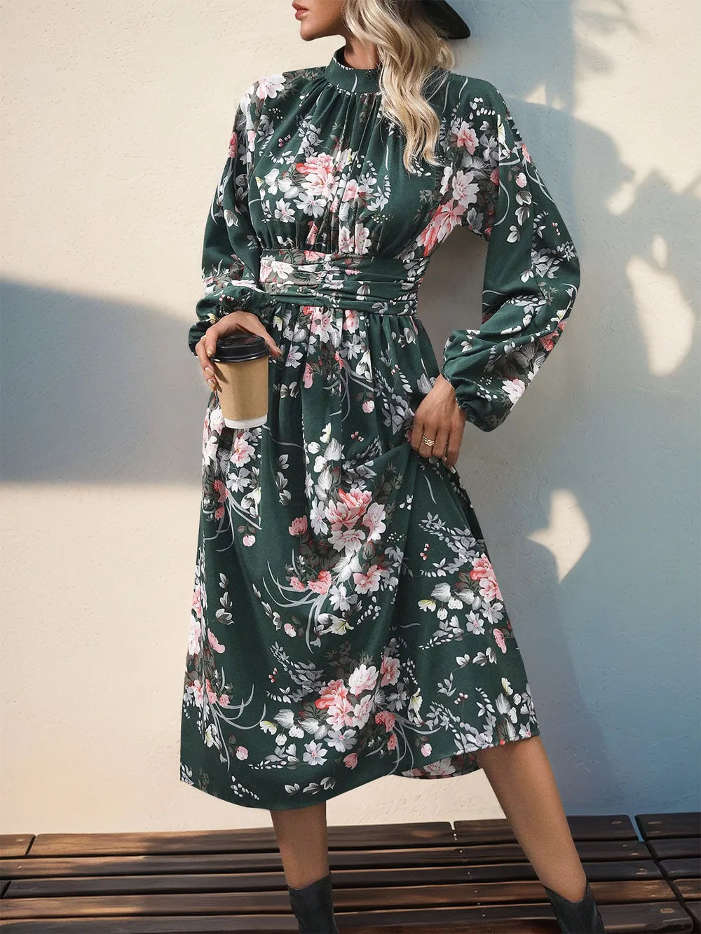 Vintage printed elegant high waisted dress with long sleeves and stand up collar women's long skirt - V.I.P Digital Presence