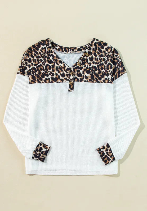 Waffle-Knit Leopard V-Neck Long Sleeve Blouse - V.I.P Digital Presence