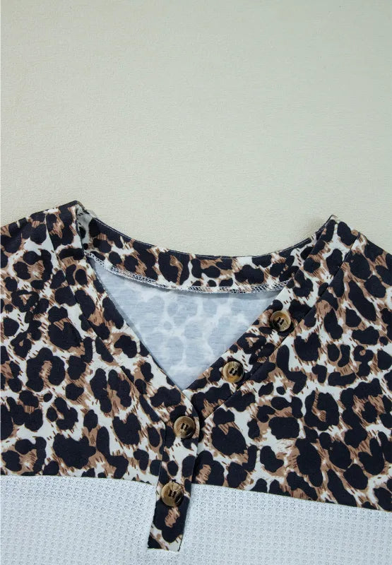Waffle-Knit Leopard V-Neck Long Sleeve Blouse - V.I.P Digital Presence